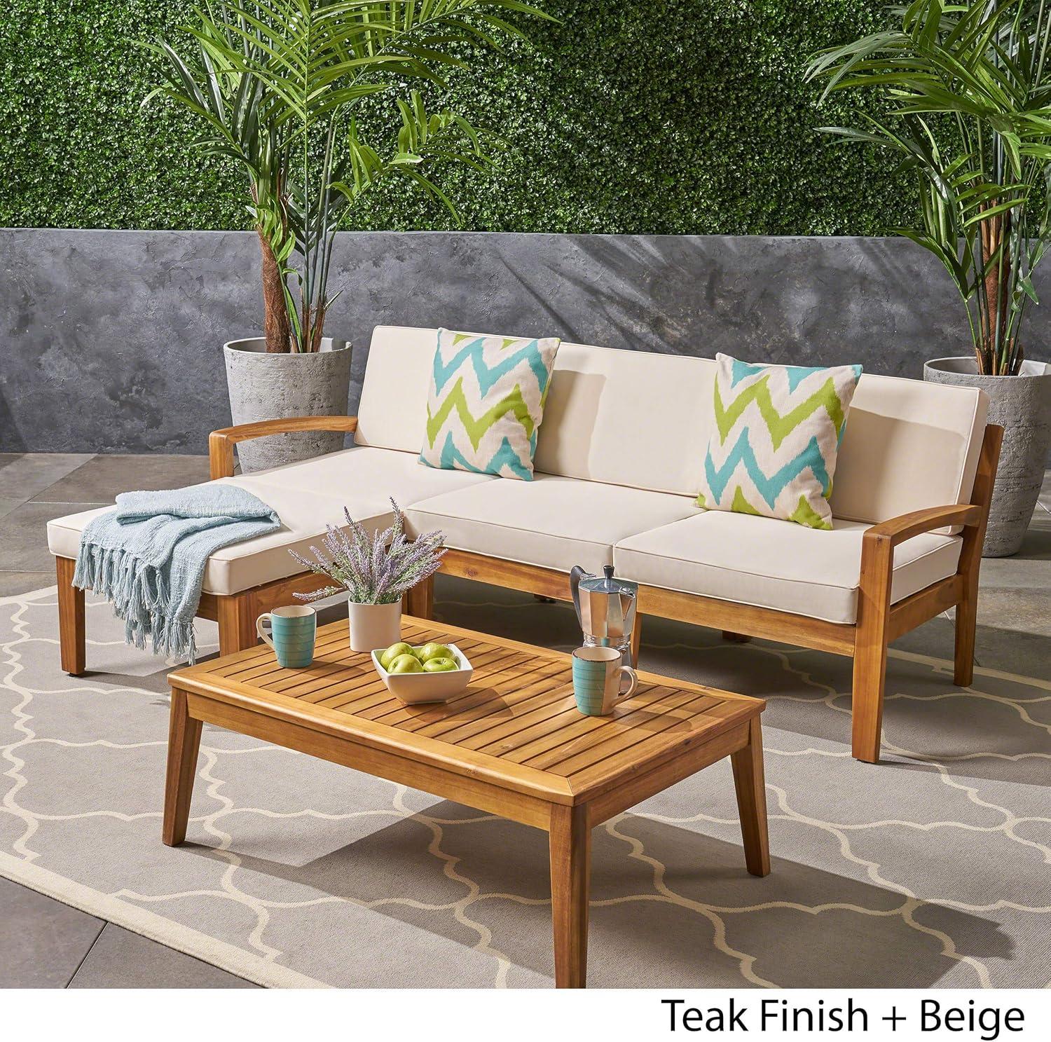 GDF Studio Parma Outdoor Acacia Wood 3 Seater Sectional Sofa Set with Ottoman, Teak and Beige