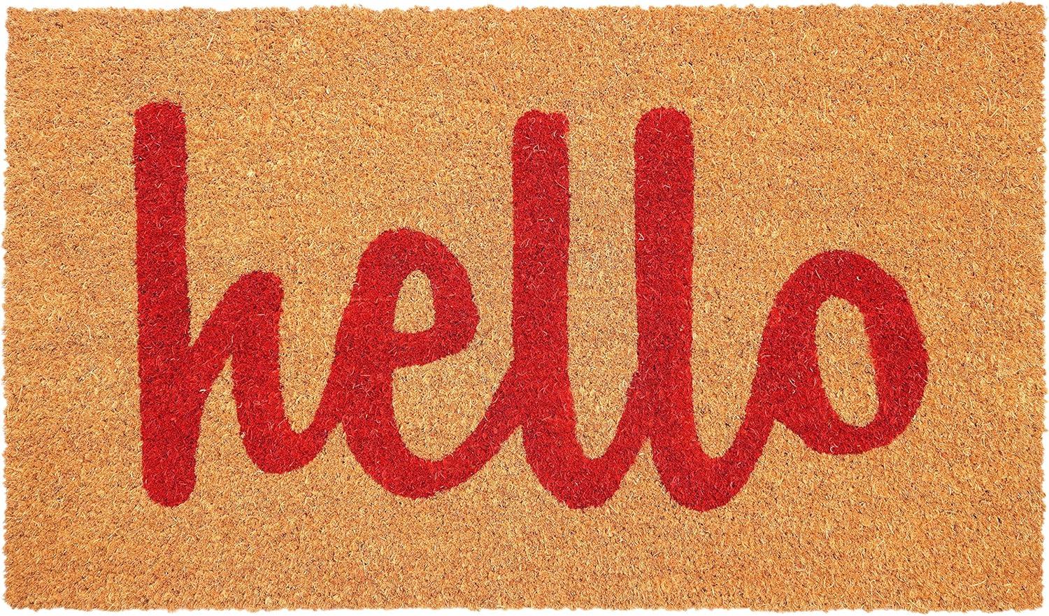 Natural Coir Red Script Hello Outdoor Doormat