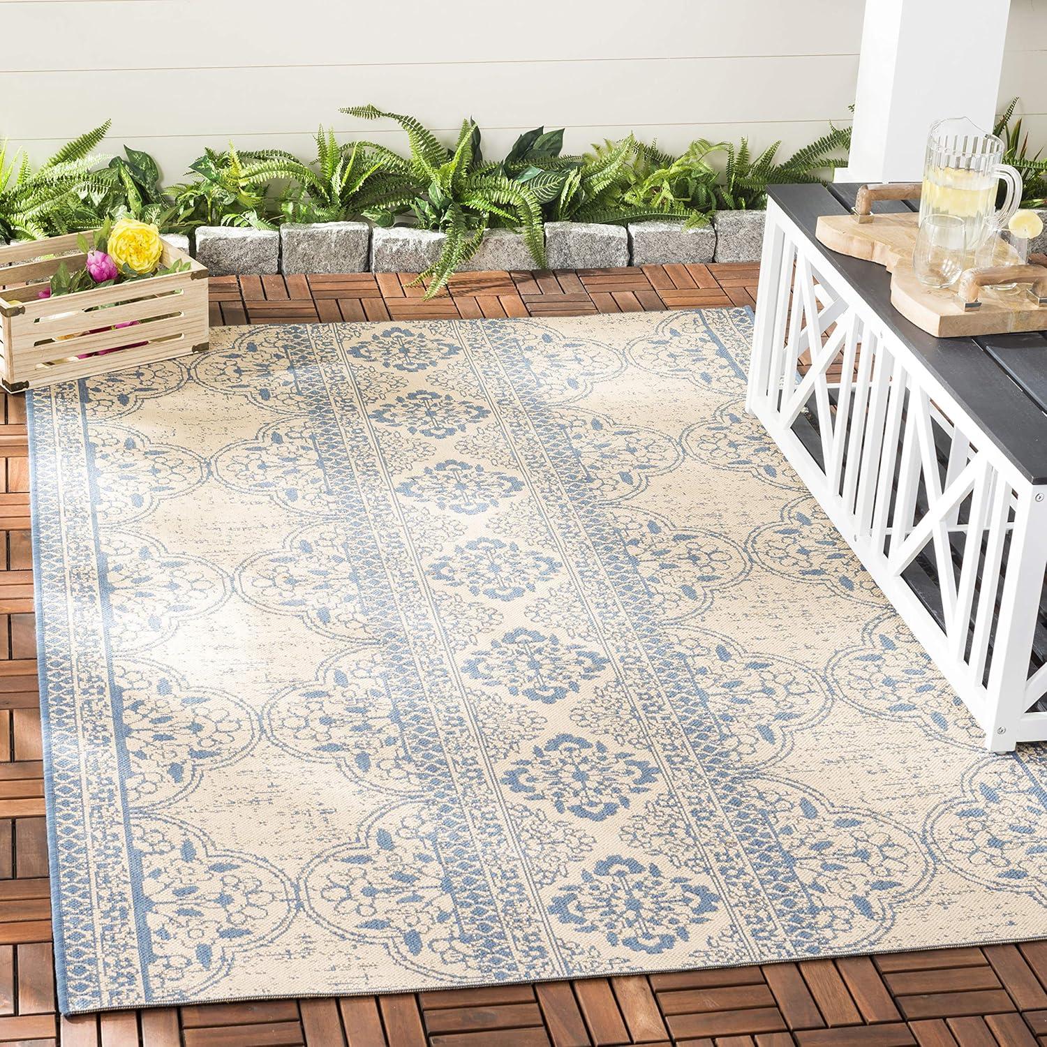 Cream and Aqua Rectangular Stain-Resistant Synthetic Rug