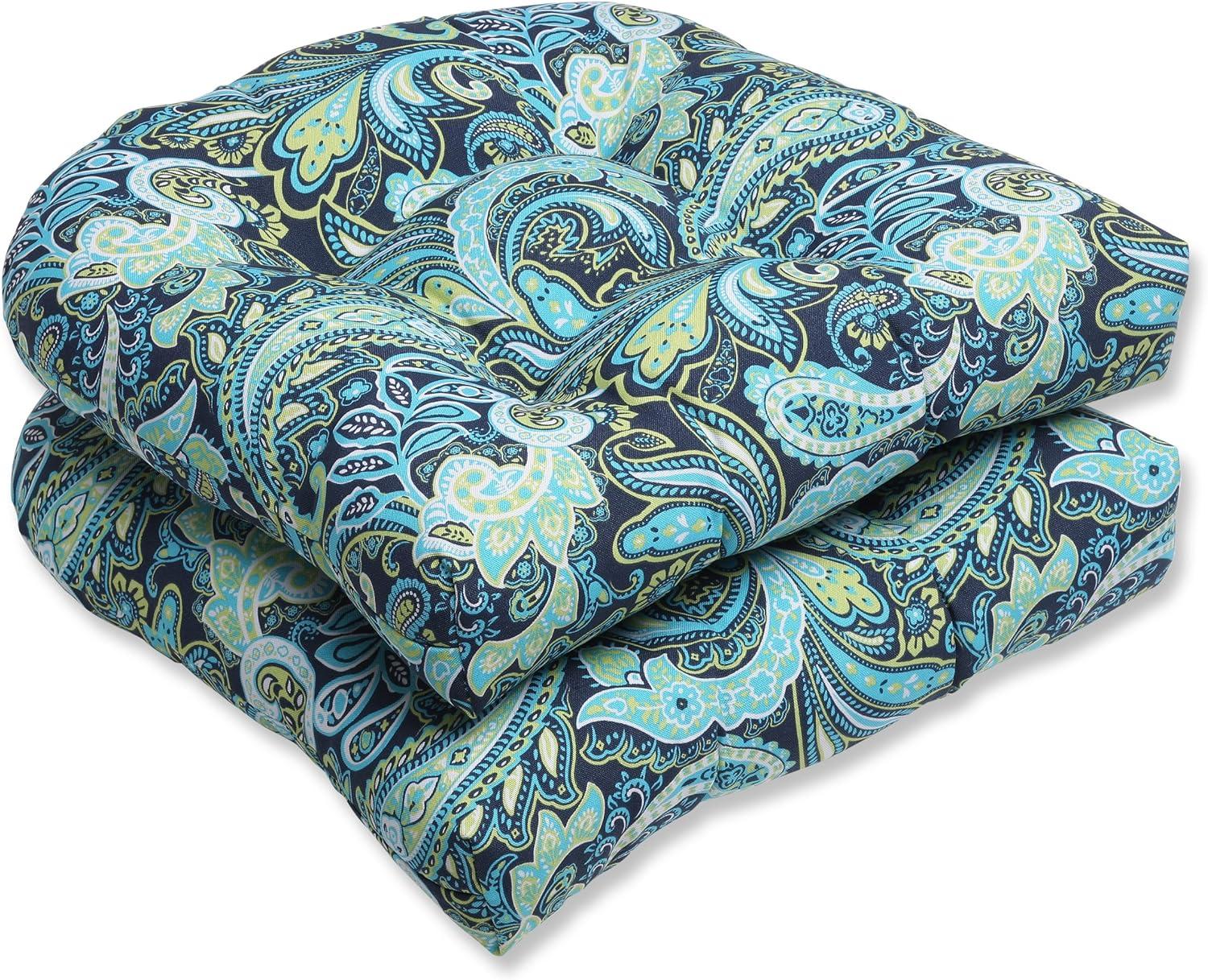 Paisley Elegance Outdoor Tufted Chair Cushions, Aqua & Navy, Set of 2