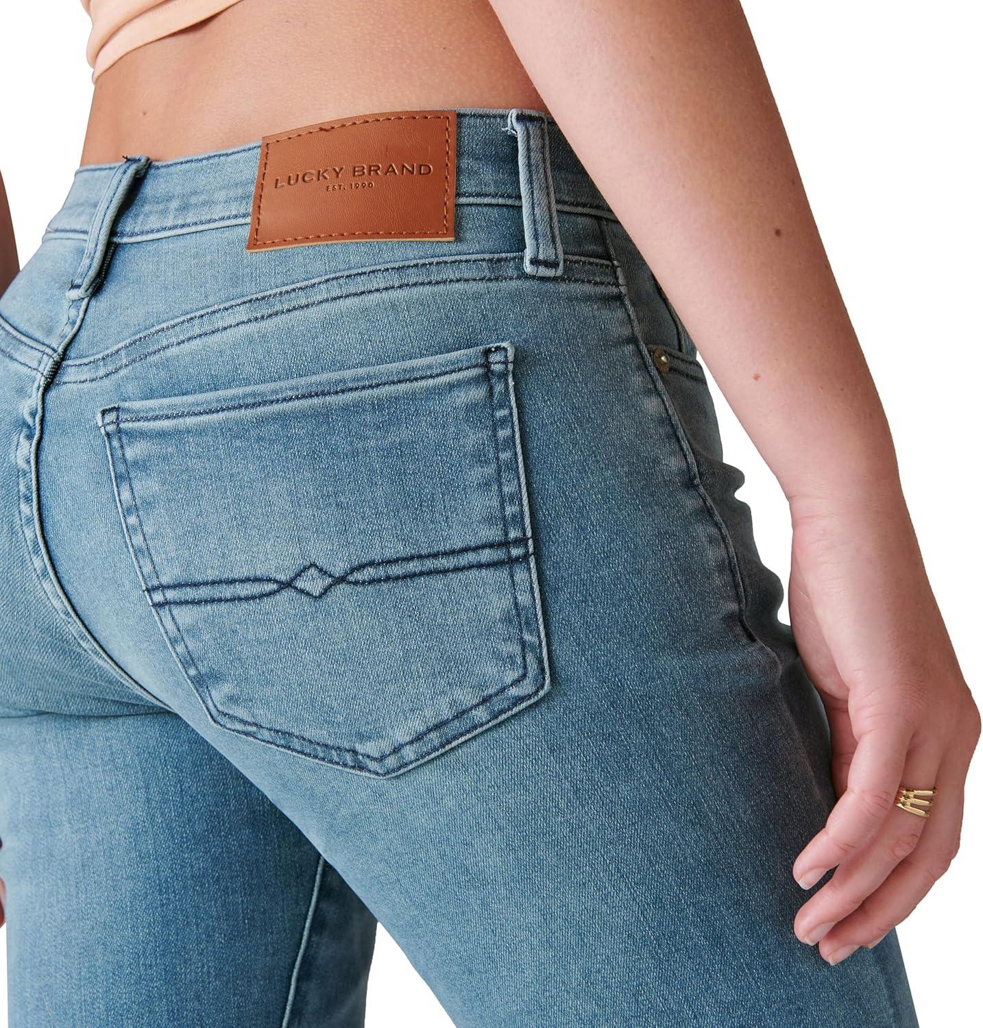 Women's Mid Rise Light Blue Cotton Blend Straight Leg Jeans