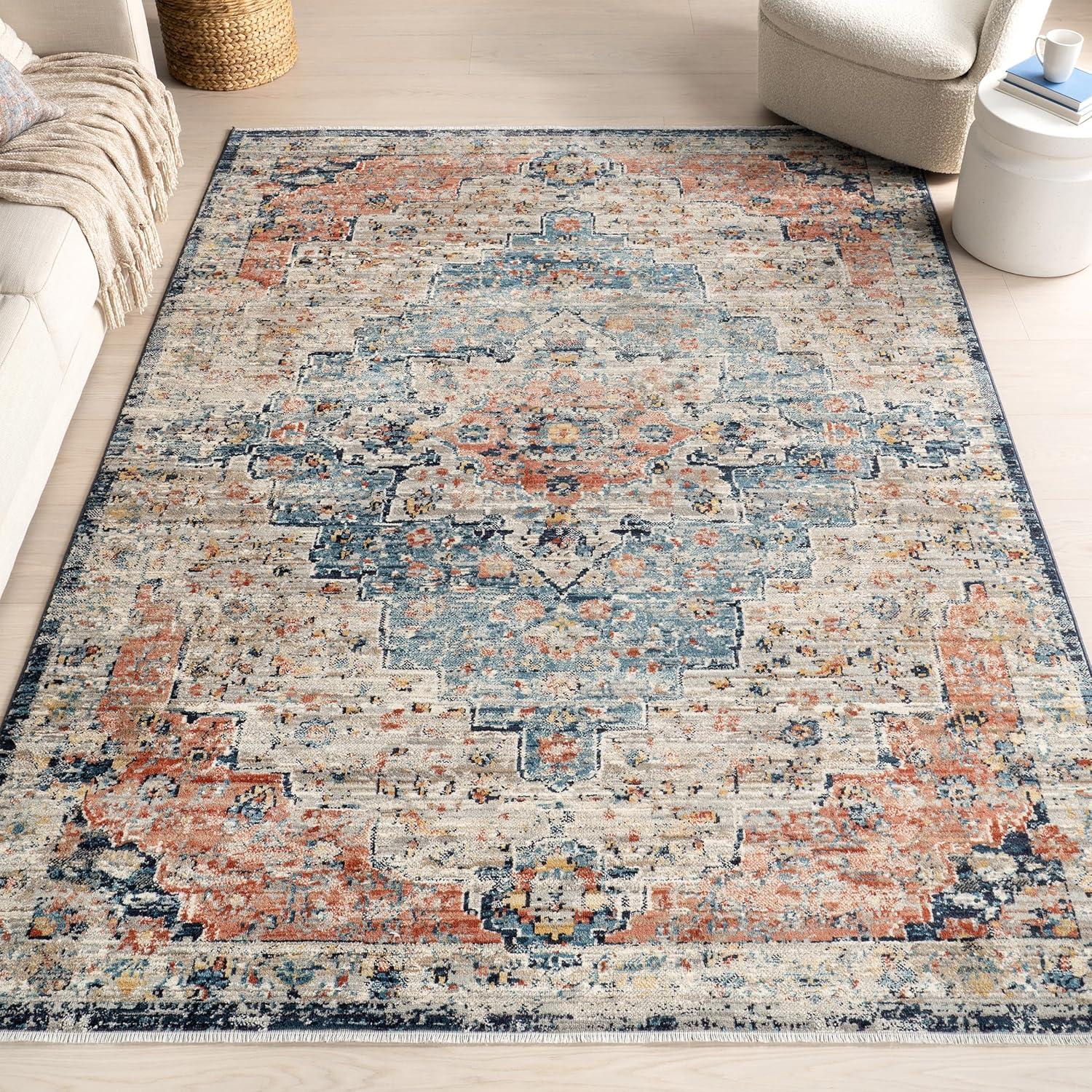 Multicolor Vintage Transitional Synthetic Area Rug, 6' 7" x 9'