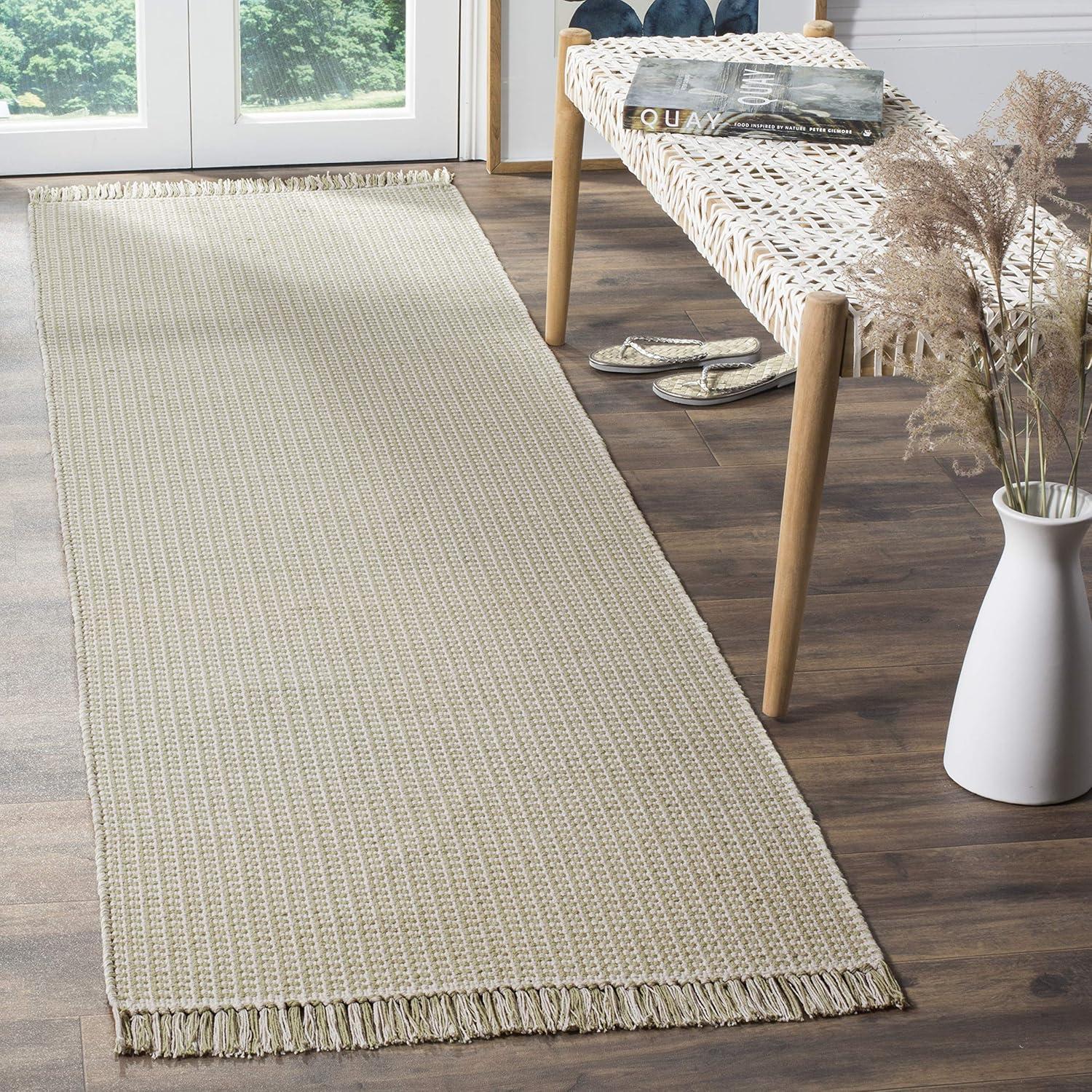 Ivory and Green Handwoven Cotton Runner Rug