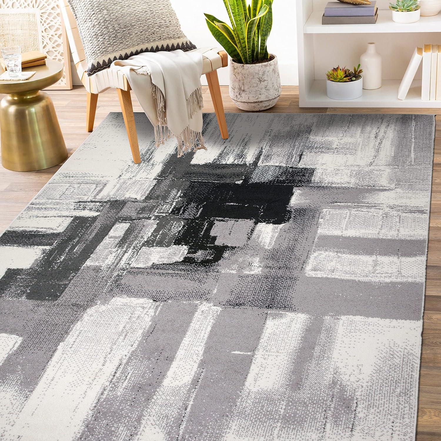 World Rug Gallery Contemporary Modern Abstract Black 5' x 7' Area Rug:  Stain-Resistant,  Pet Friendly,  Low Pile,  Indoor Use