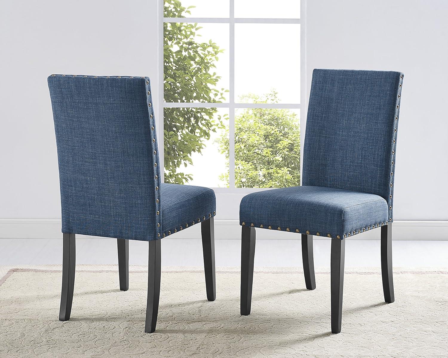 Blue Linen Upholstered Dining Side Chair with Espresso Wood Legs, Set of 2