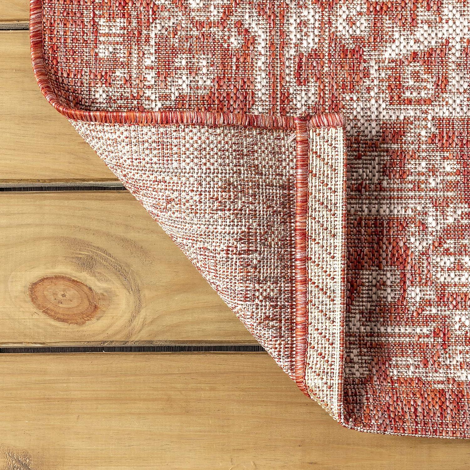 5' Square Malta Bohemian Medallion Textured Weave Indoor/Outdoor Area Rug, Red/Taupe - JONATHAN Y