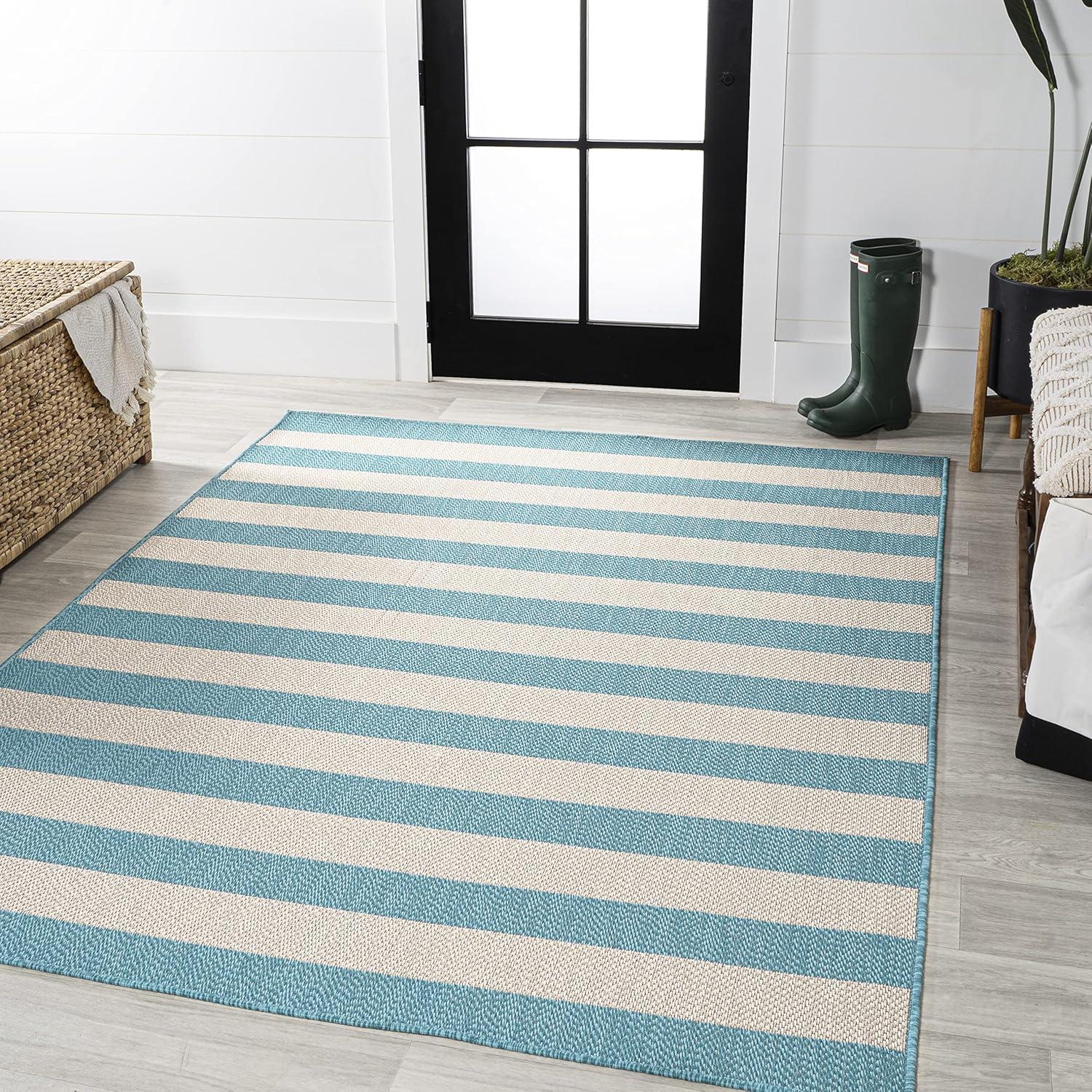 3' x 5' Negril Two-Tone Wide Stripe Indoor/Outdoor Area Rug, Aqua/Cream - JONATHAN Y