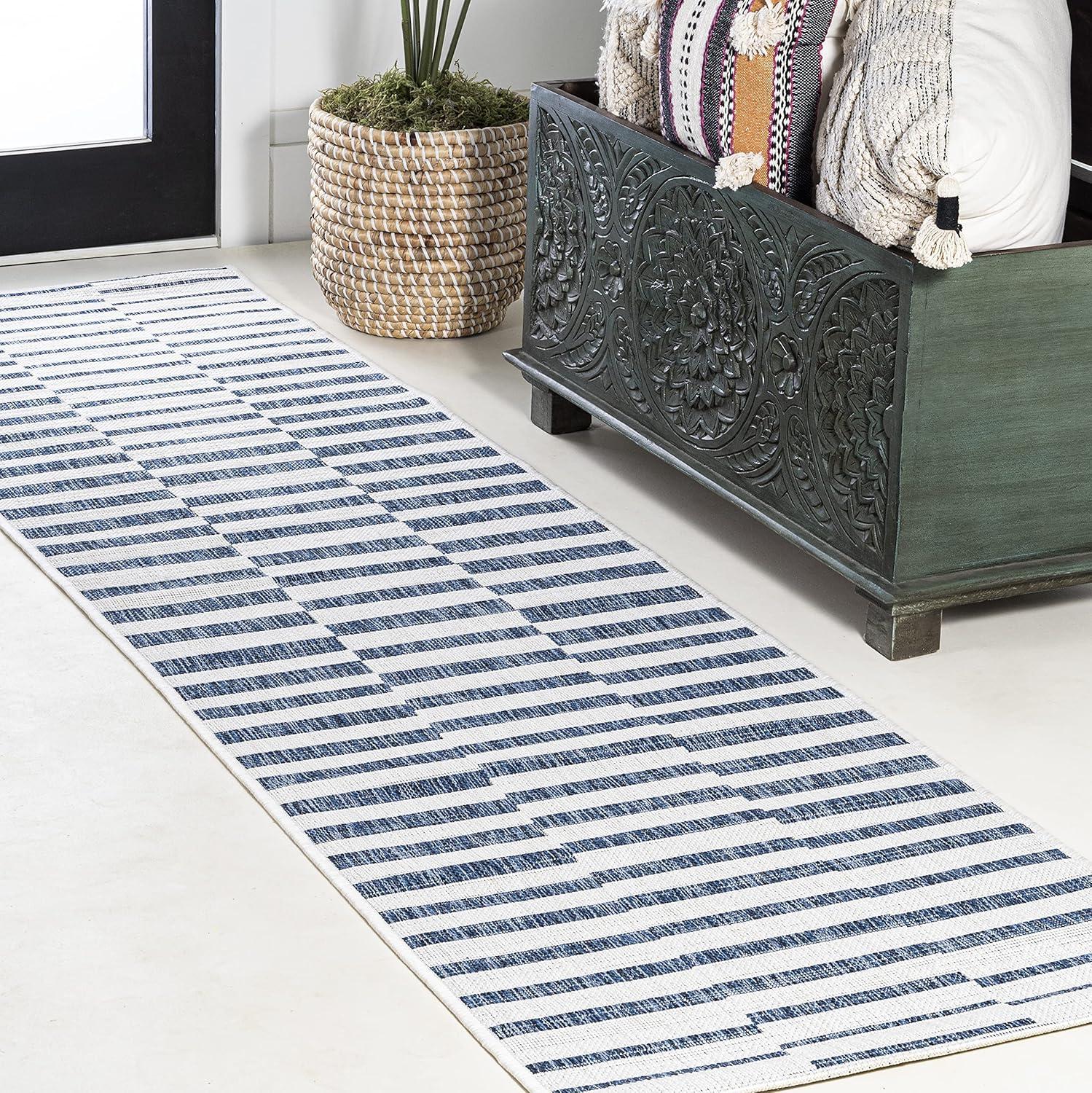 2'x8' Sukie Modern Offset Stripe Indoor/Outdoor Runner Rug, Ivory/Blue - JONATHAN Y