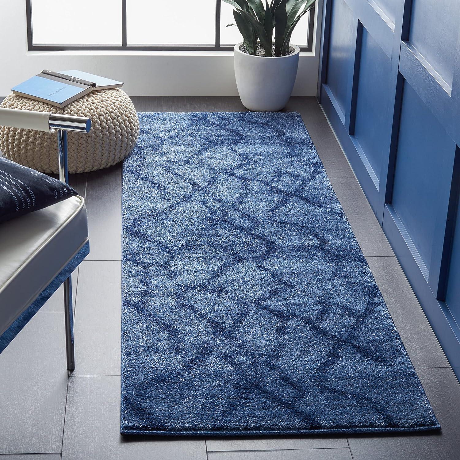 Abstract Blue Square Shag 6' Synthetic Area Rug