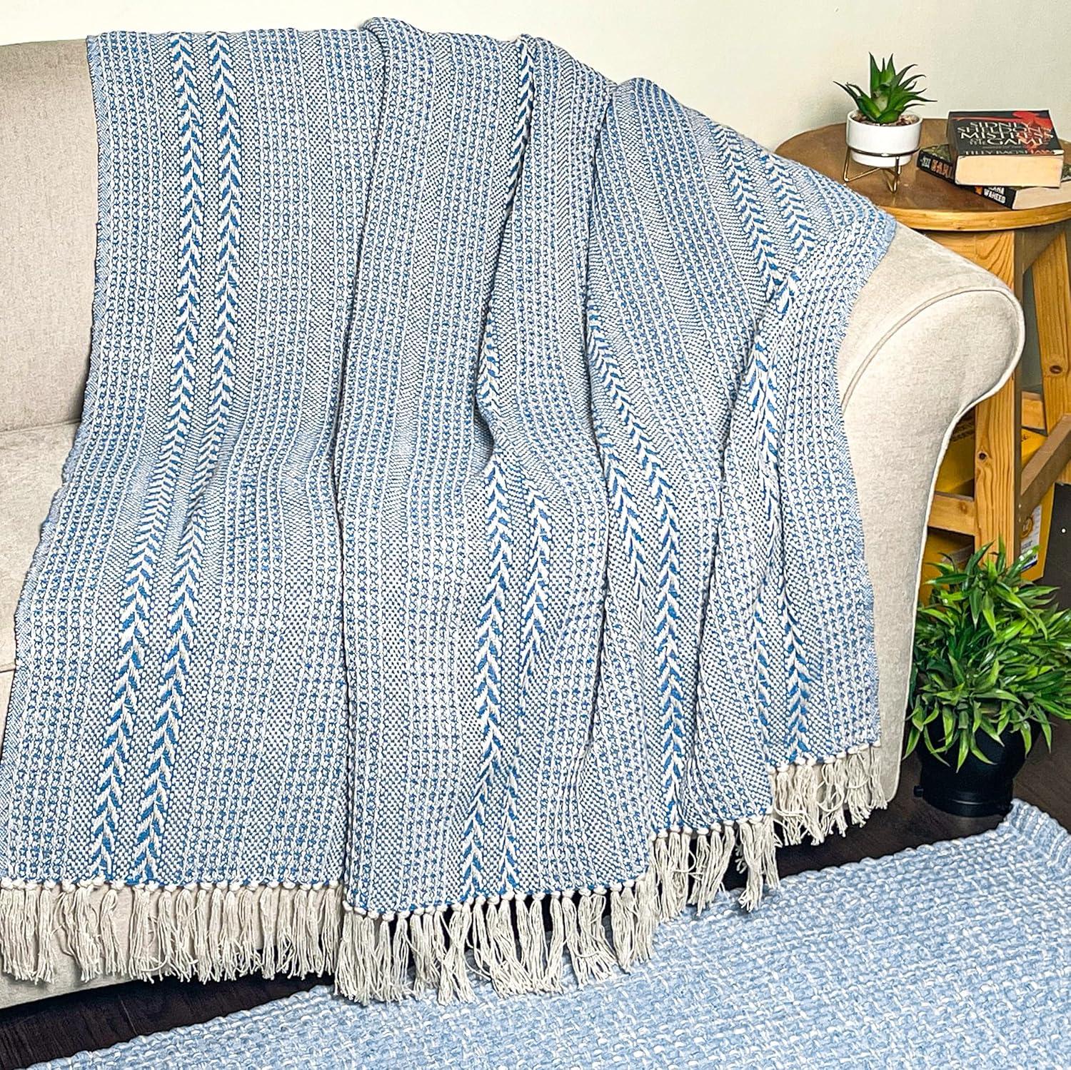 Sky Blue and White Braided Waffle Weave Cotton Throw Blanket