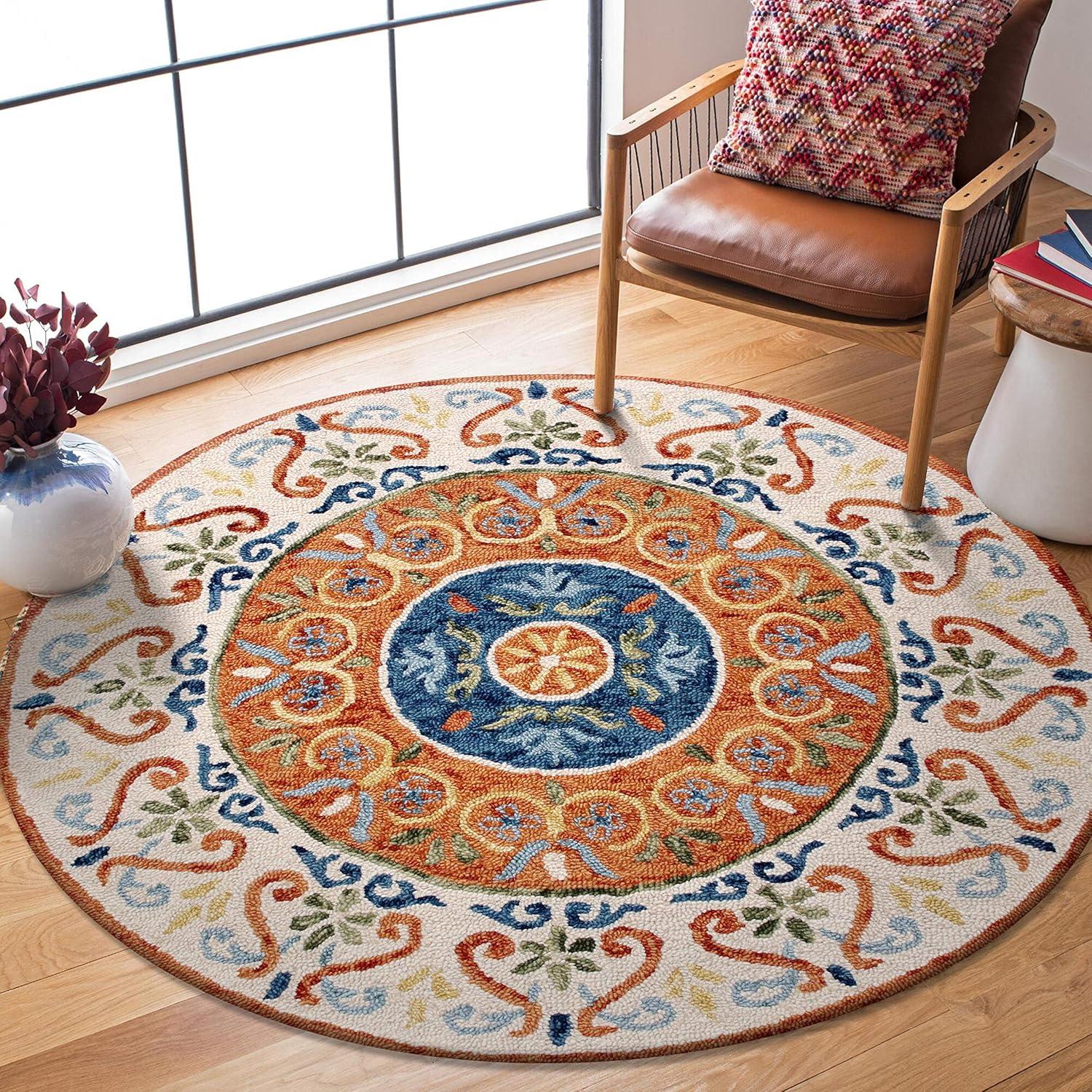 Sinuous Handmade Blue Medallion Round Wool Area Rug, 6ft