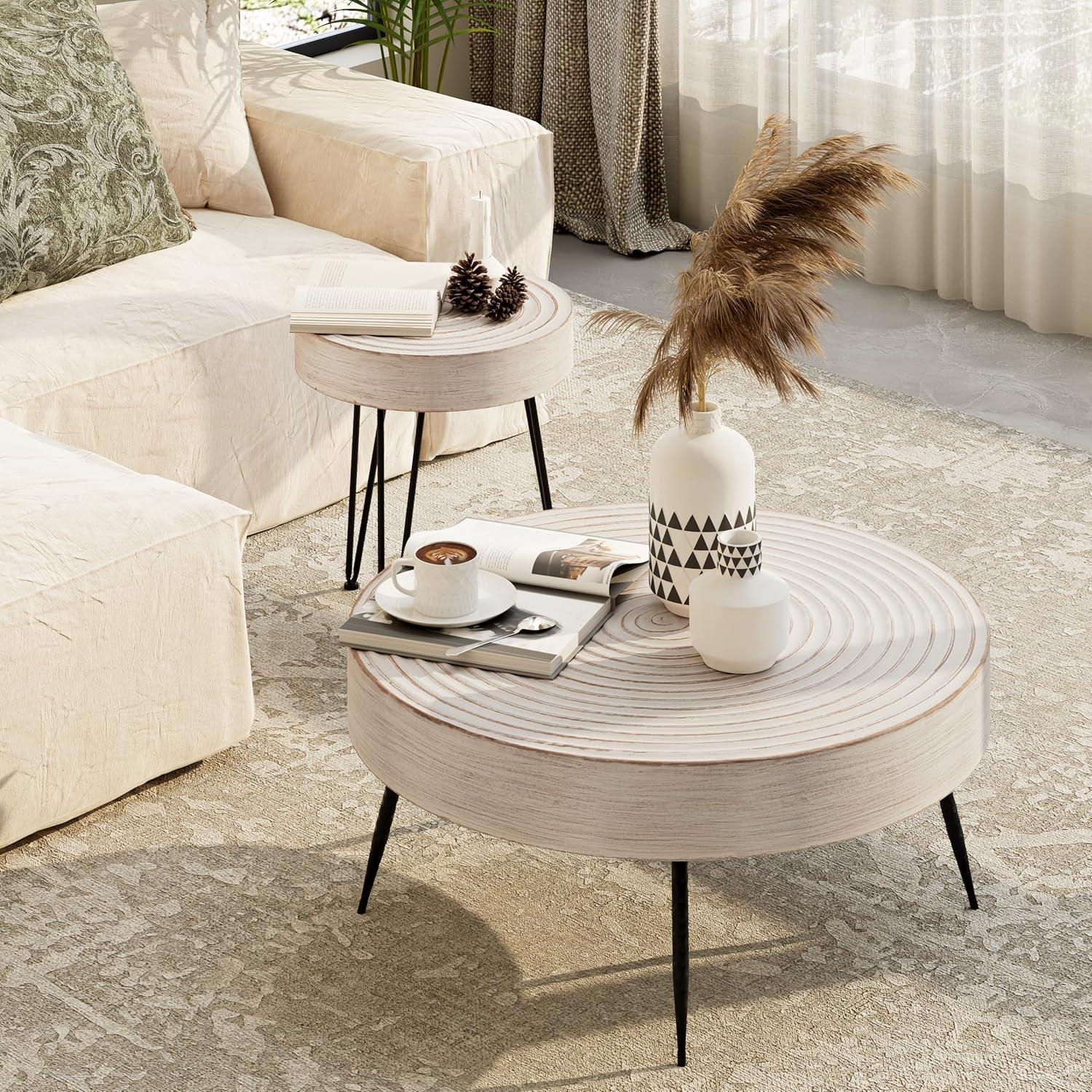 COZAYH Rustic Handmade Ring Pattern MDF and Metal Coffee Table, White