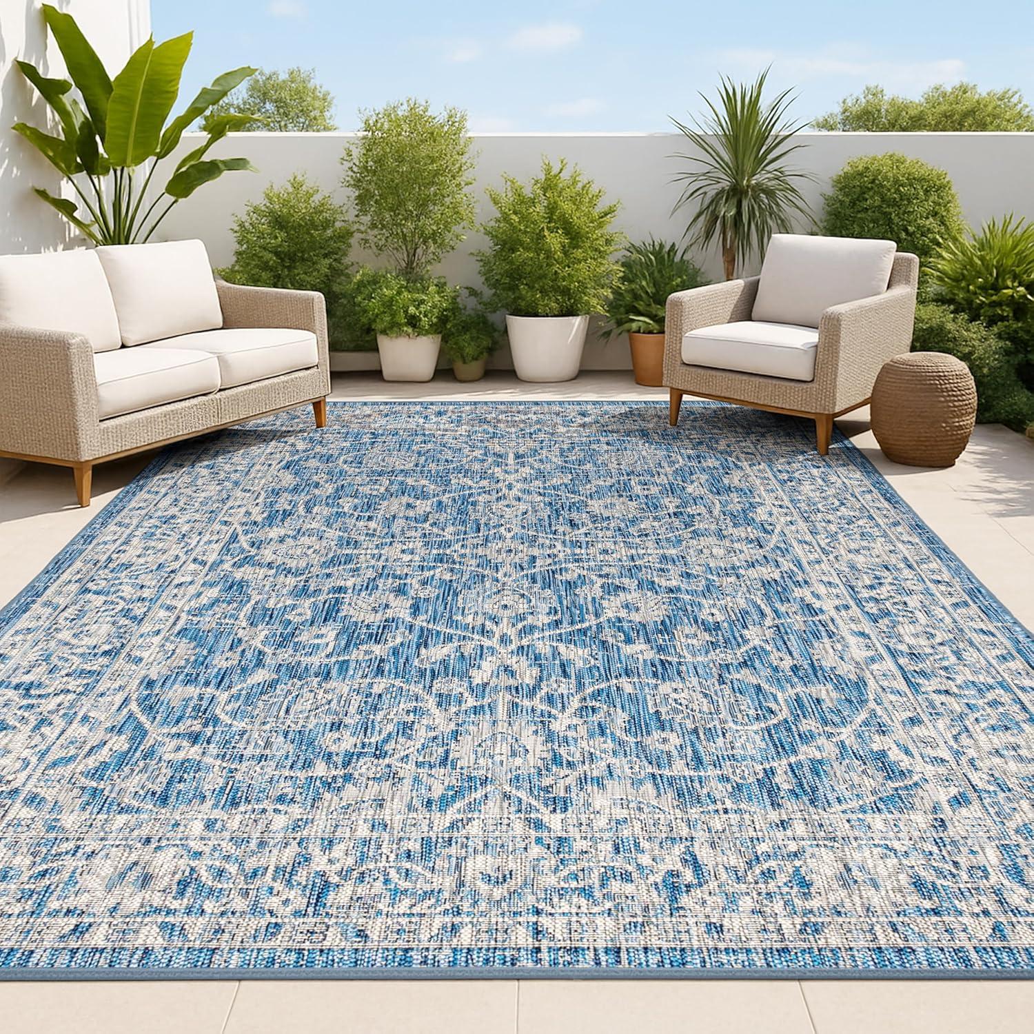 3'x5' Palazzo Vine and Border Textured Weave Indoor/Outdoor Area Rug, Navy/Gray - JONATHAN Y