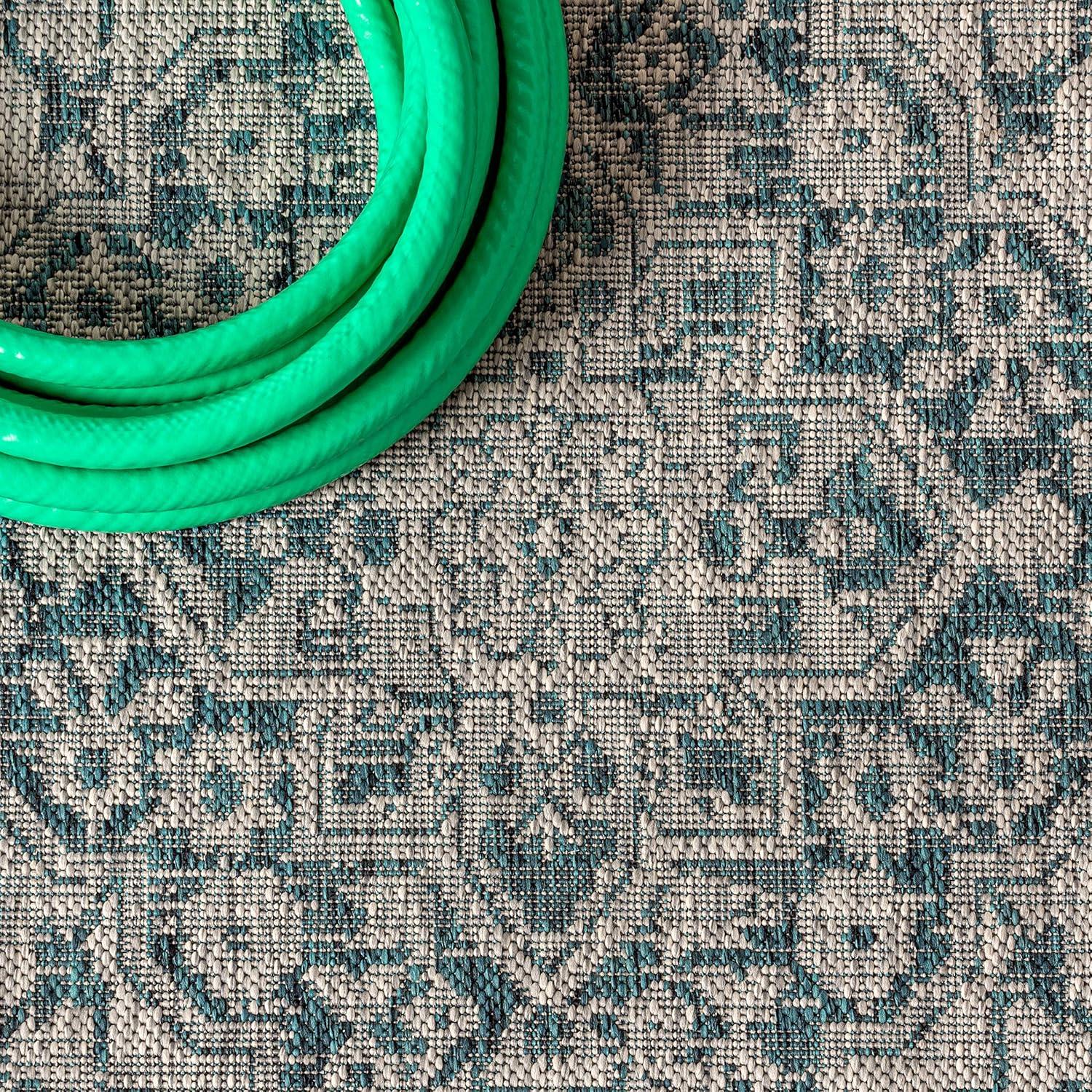 5' Square Rozetta Boho Medallion Textured Weave Indoor/Outdoor Area Rug, Gray/Teal - JONATHAN Y