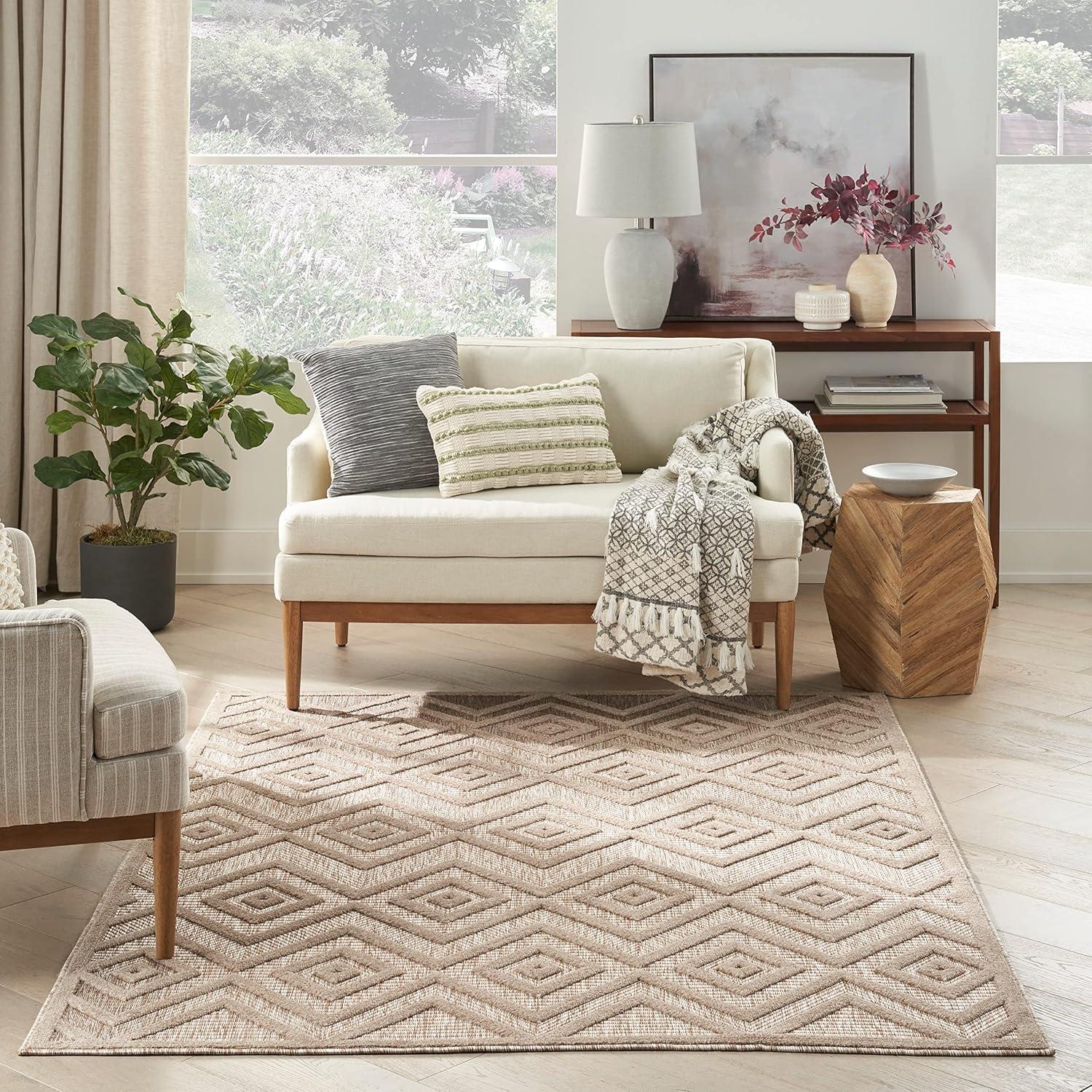 Nourison Versatile Diamond Geometric Flatweave Indoor Outdoor Area Rug Natural Beige 5' x 7'