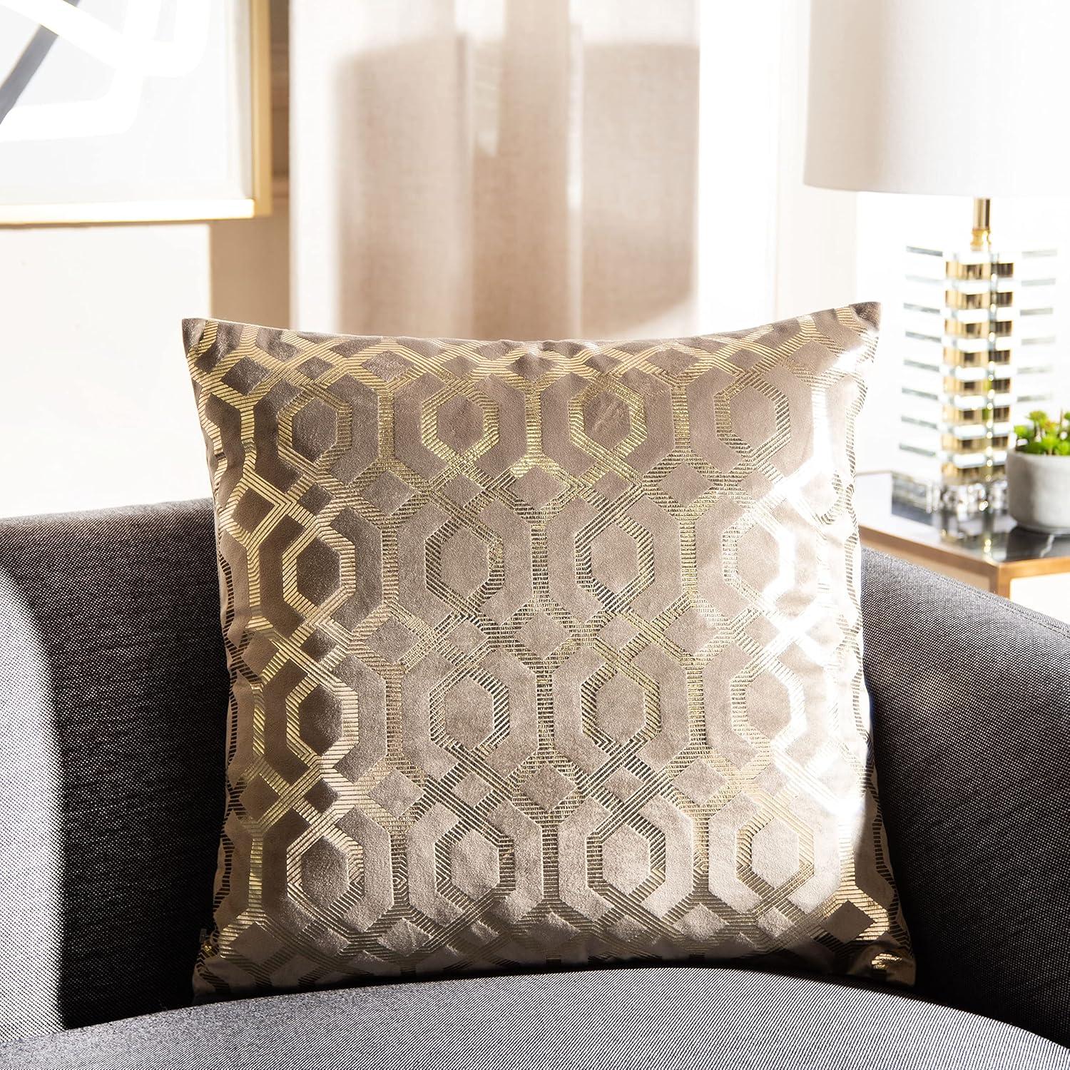 Taupe and Gold Geometric Art Deco Square Pillow