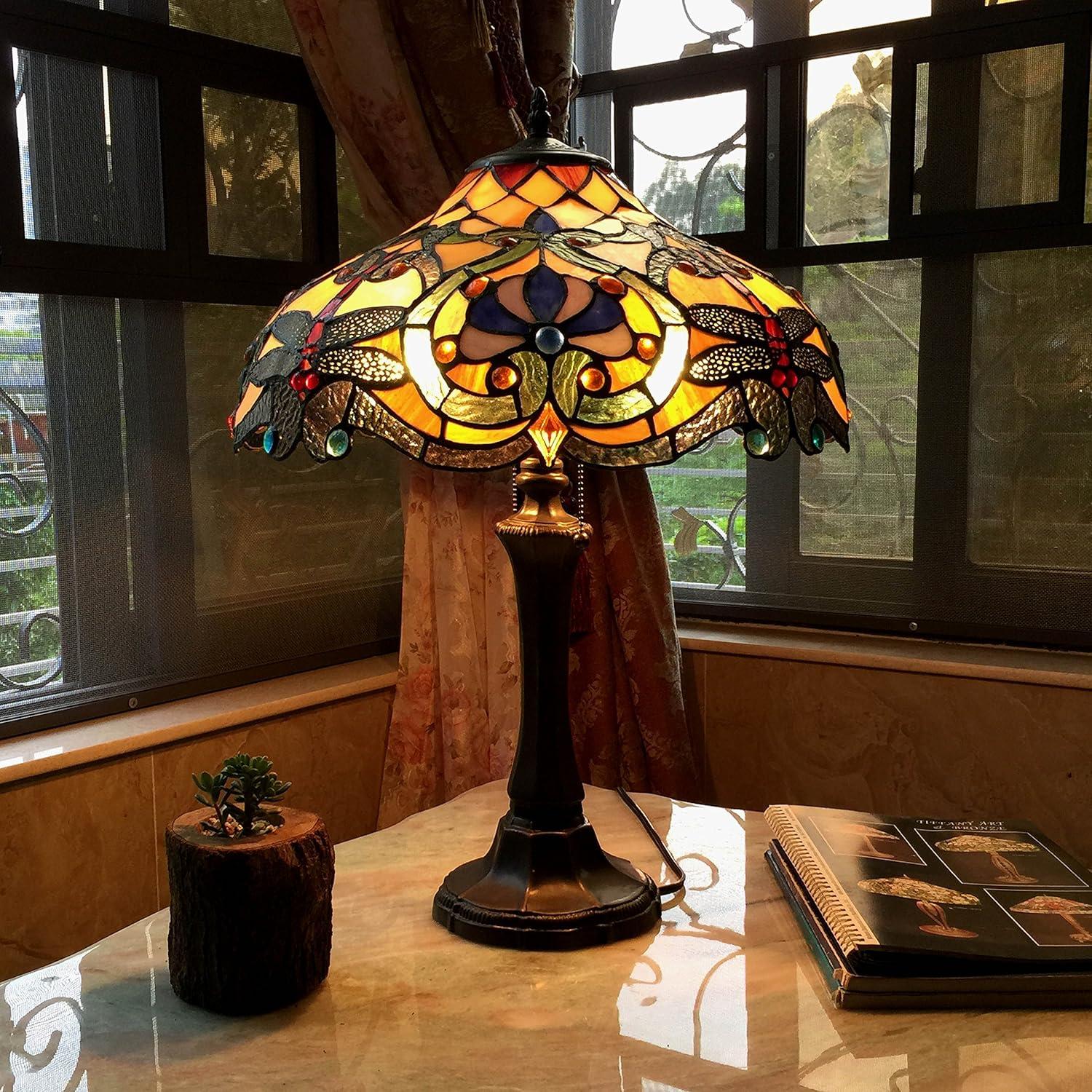 Amberwing Art Nouveau Bronze Dragonfly Stained Glass Table Lamp