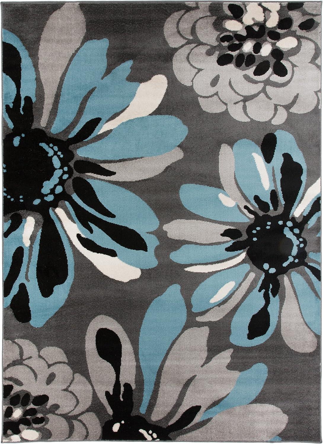 World Rug Gallery Contemporary Modern Flowers Area Rug - Blue 3'3" x 5': Stain-Resistant, Low Pile, Floral Pattern