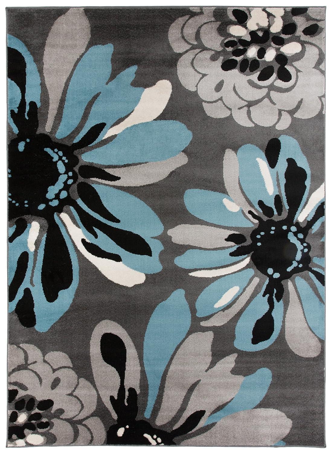 World Rug Gallery Contemporary Modern Flowers Area Rug - Blue 3'3" x 5': Stain-Resistant, Low Pile, Floral Pattern