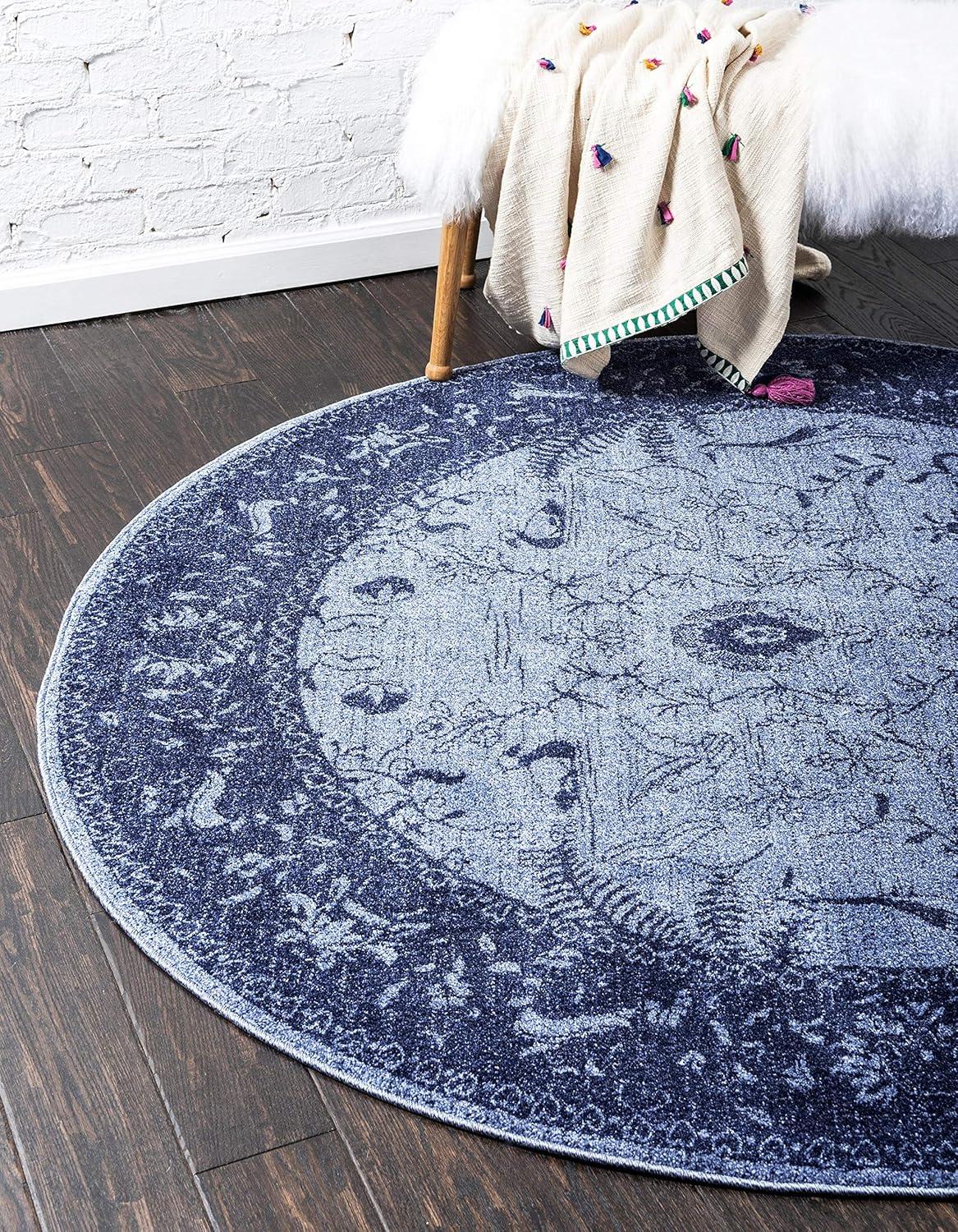 Round Blue Floral Synthetic Easy Care Area Rug