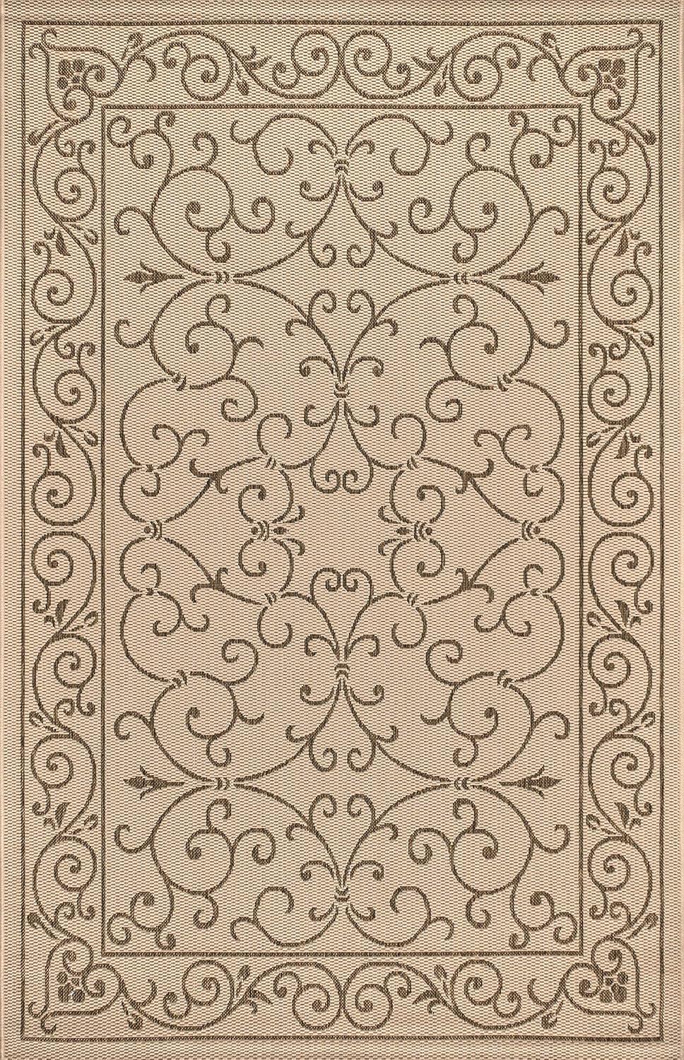 9' X 12' Charleston Vintage Filigree Textured Weave Indoor/Outdoor Area Rug, Beige/Brown - JONATHAN Y