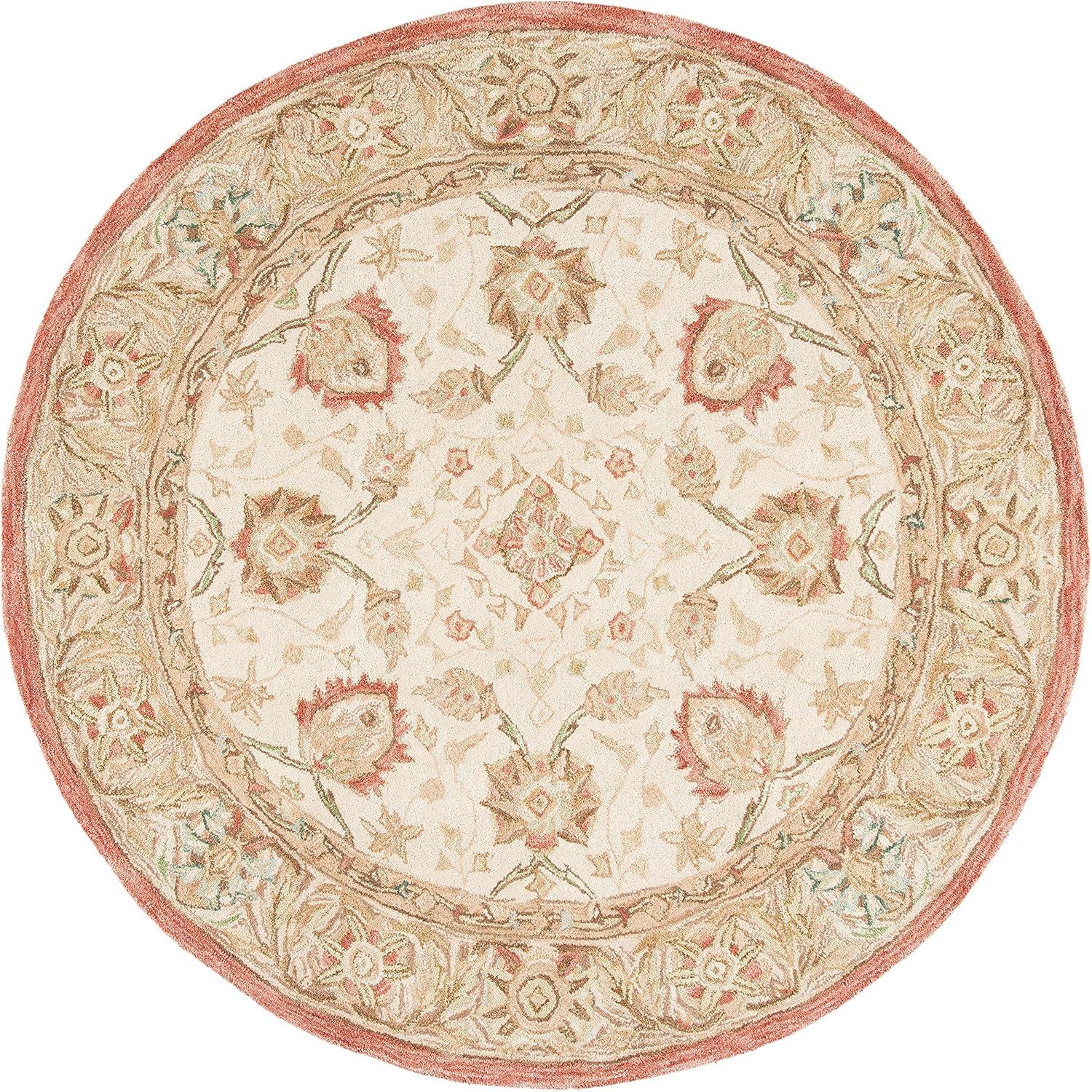 Beige and Rust Round Tufted Wool Area Rug, 6' x 6'