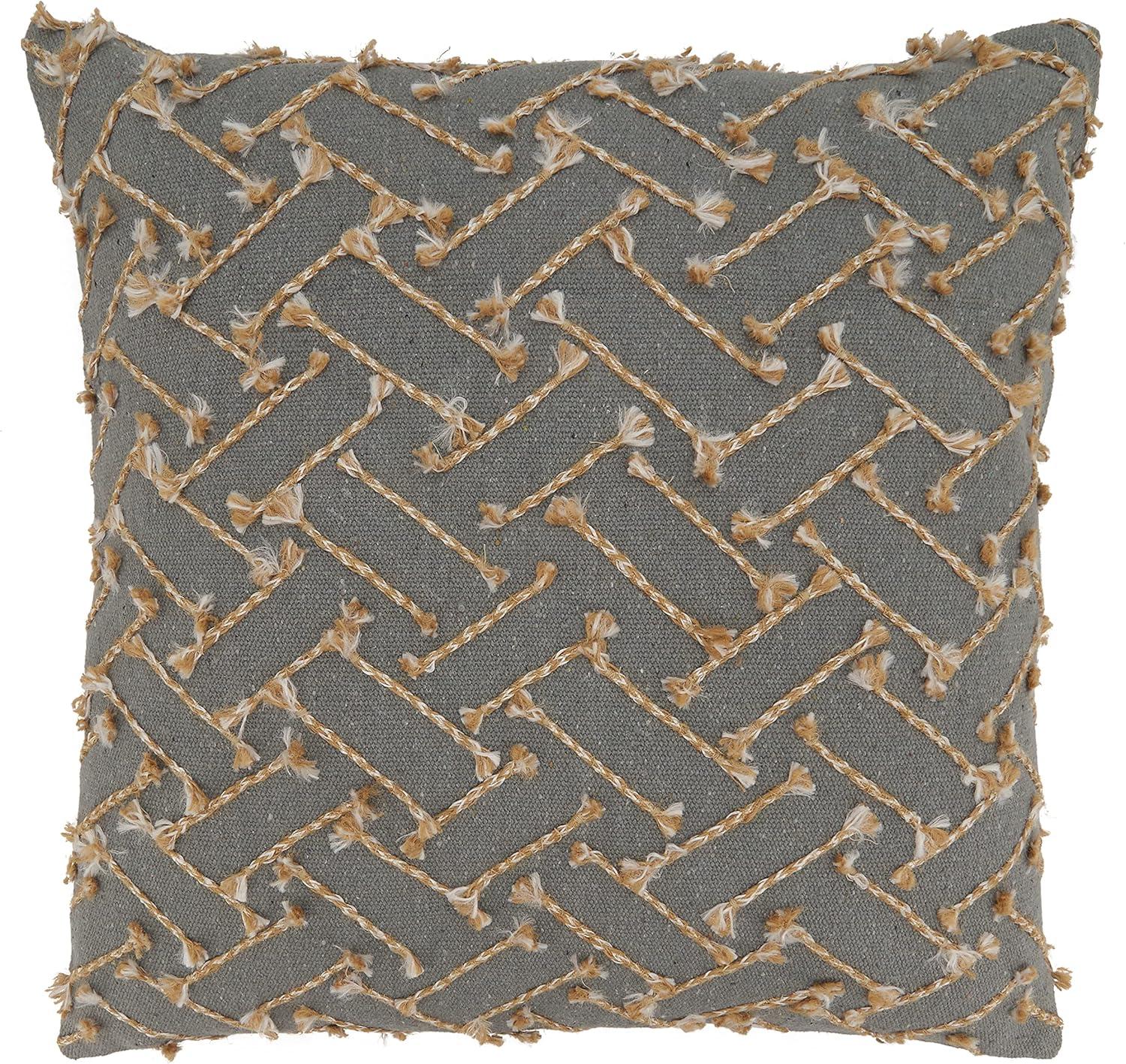 Gray and Jute Embroidered Square Throw Pillow