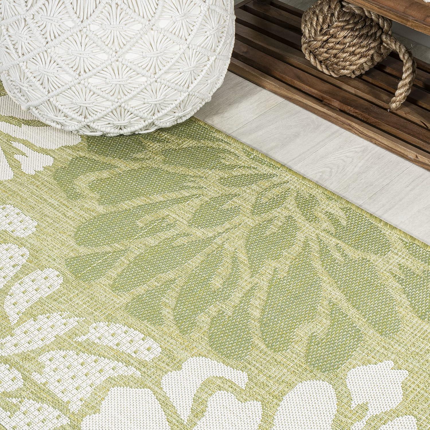 2' x 10' Zinnia Modern Floral Textured Weave Indoor/Outdoor Runner Rug, Green/Cream - JONATHAN Y