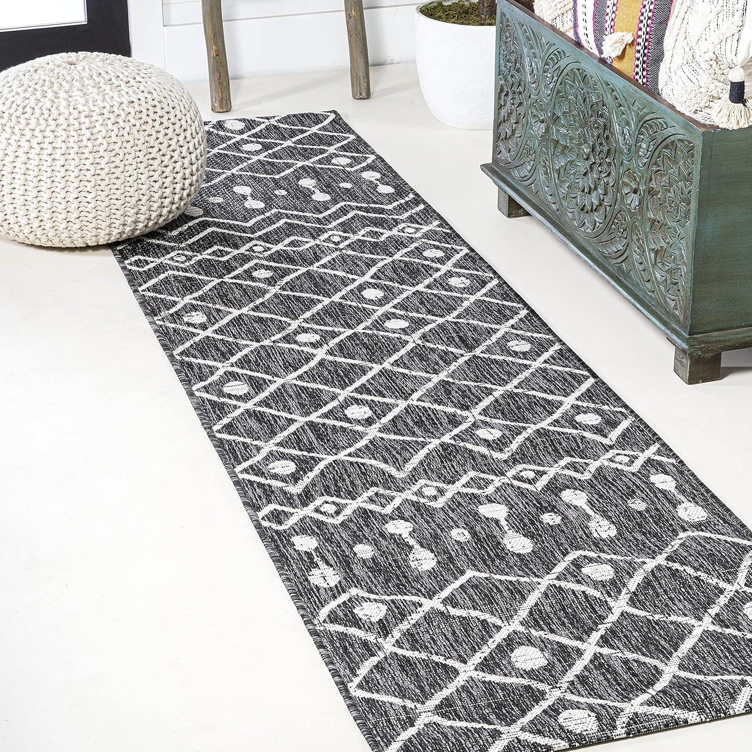 2'x10' Nokat Modern Bohemian Styled Indoor/Outdoor Runner Rug, Black/Ivory - JONATHAN Y
