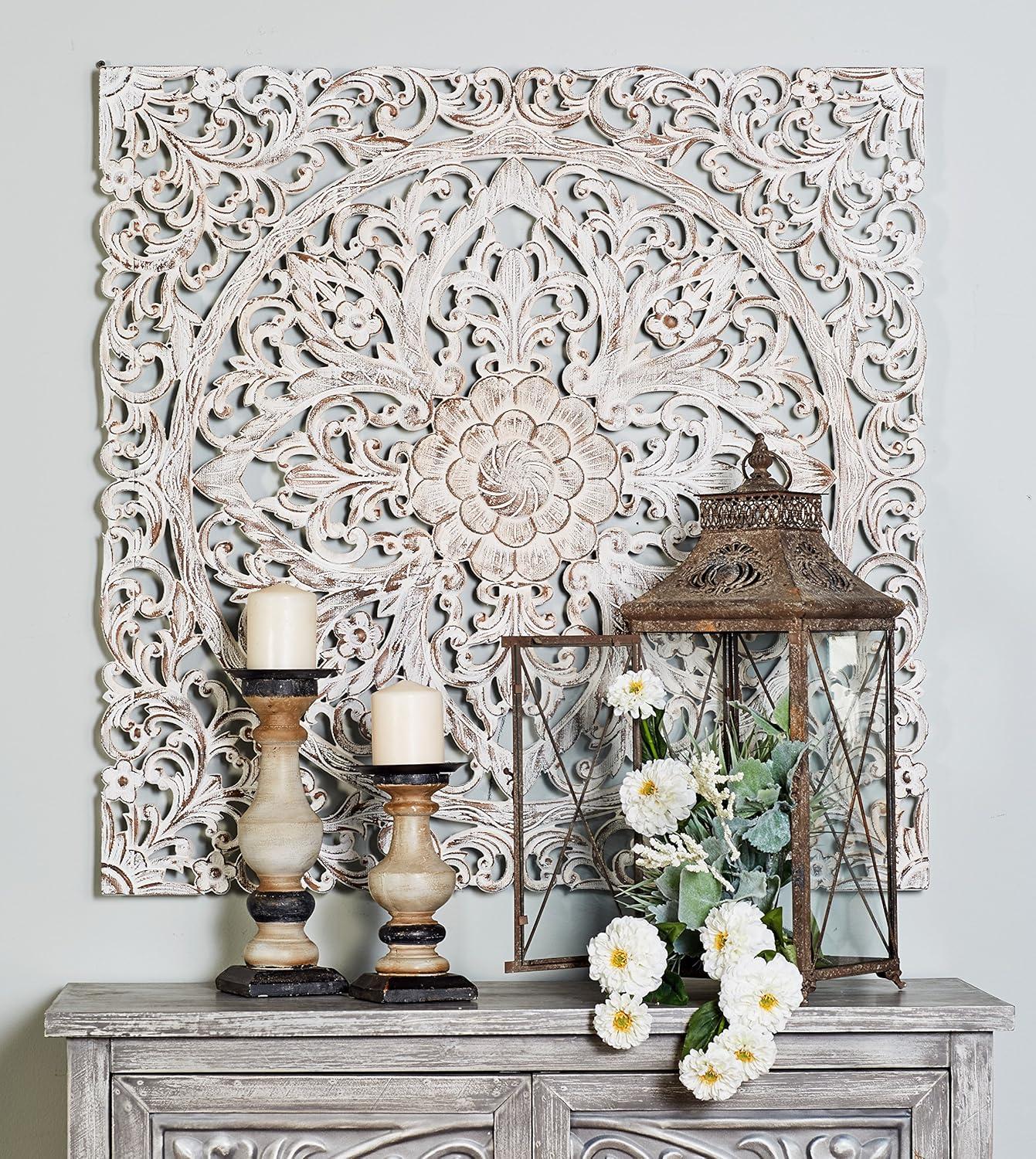 Wood Floral Handmade Intricately Carved Wood Wall Decor with Mandala Design Brown - Olivia & May: Traditional Style, Botanical Art