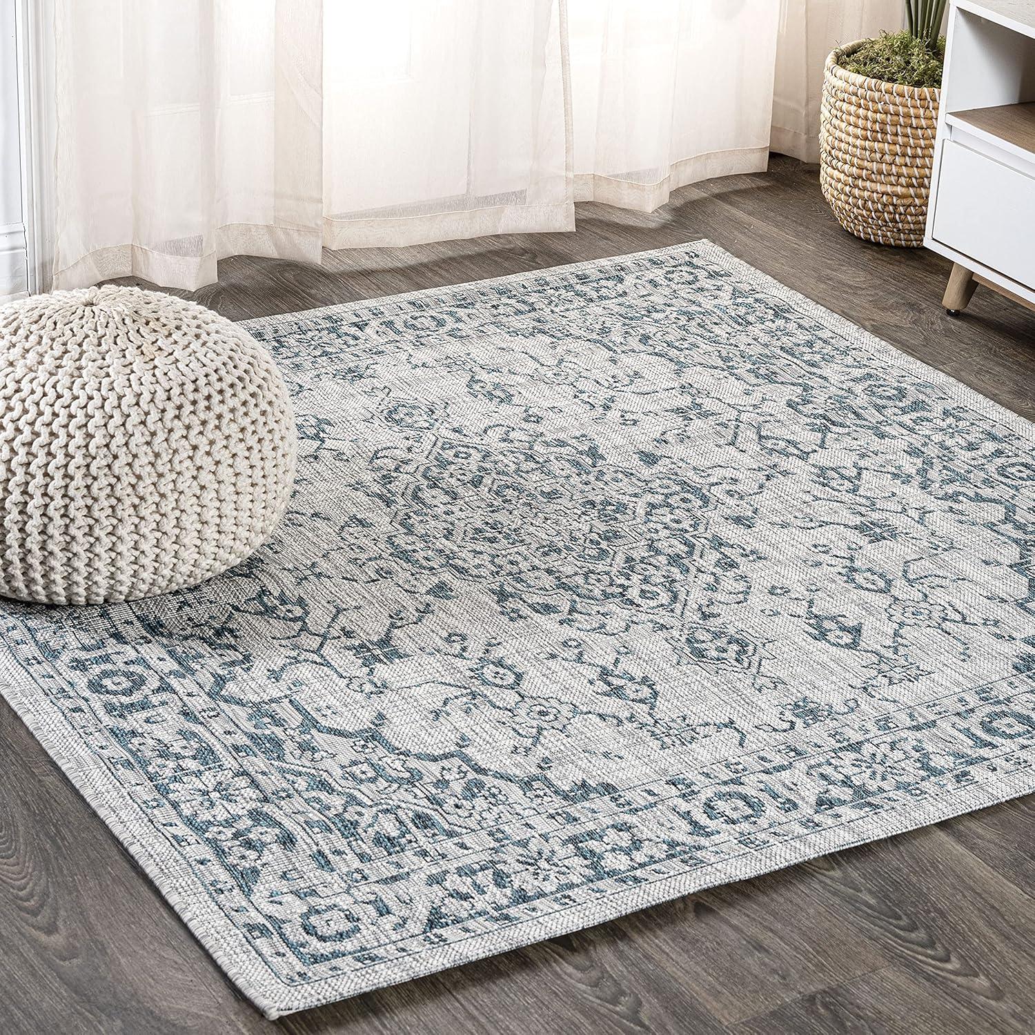 5' Square Rozetta Boho Medallion Textured Weave Indoor/Outdoor Area Rug, Gray/Teal - JONATHAN Y