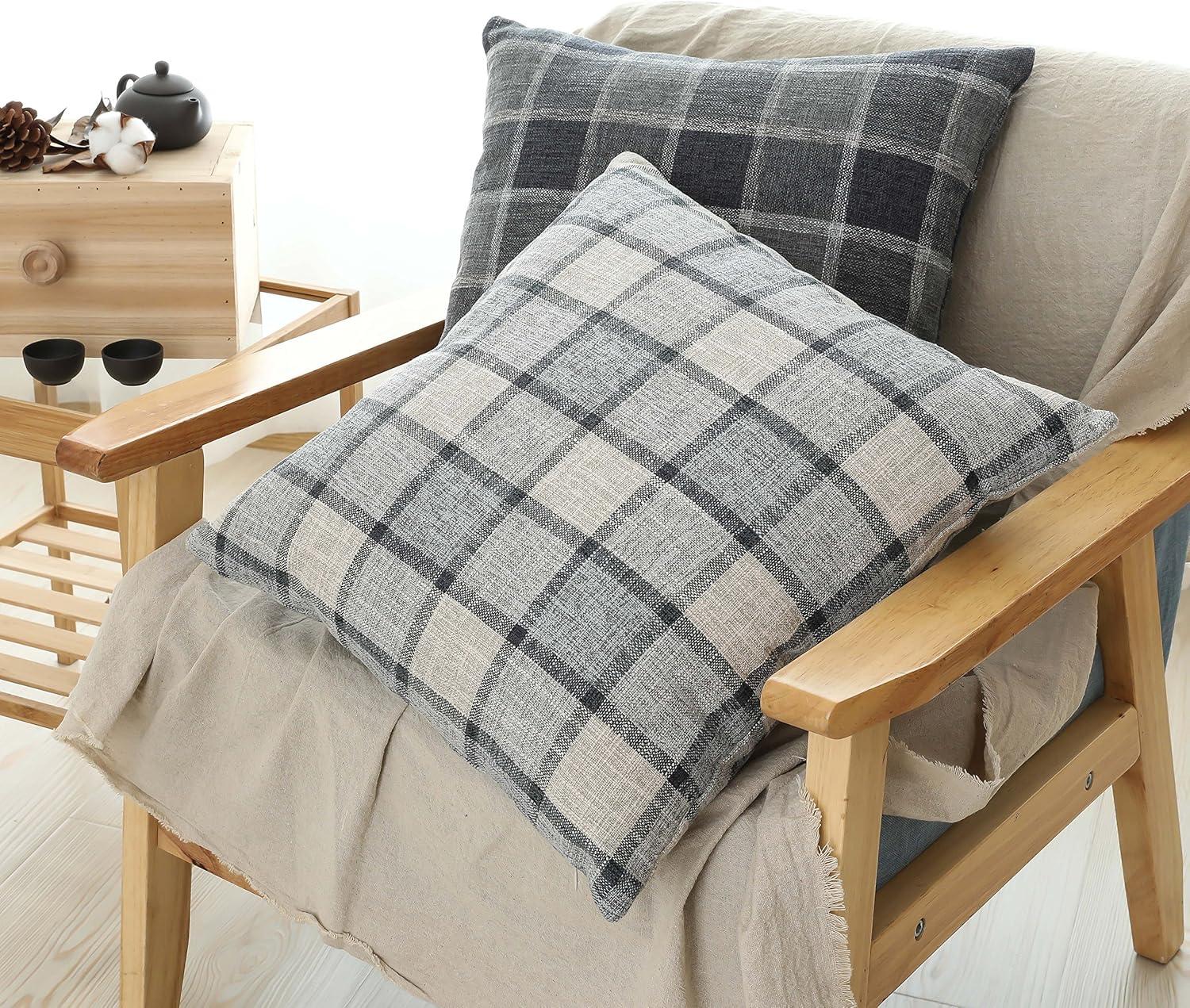 UGASA Pack of 2 Classic Retro Checkered Plaids Cotton Linen Soft Decorative Square Throw Pillow Covers Home Decor Design Cushion Case for Sofa, 18x18inch, Light Grey + Blue