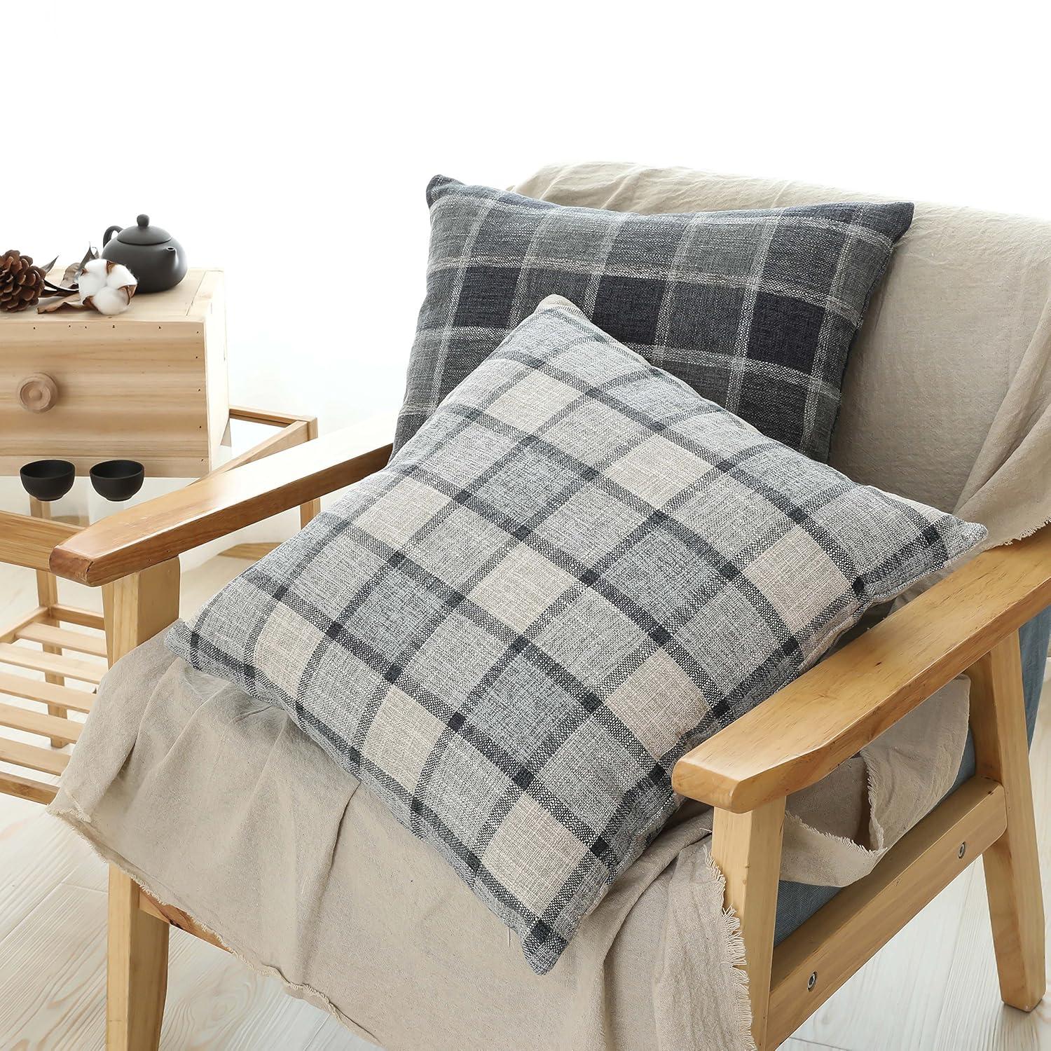 UGASA Pack of 2 Classic Retro Checkered Plaids Cotton Linen Soft Decorative Square Throw Pillow Covers Home Decor Design Cushion Case for Sofa, 18x18inch, Light Grey + Blue