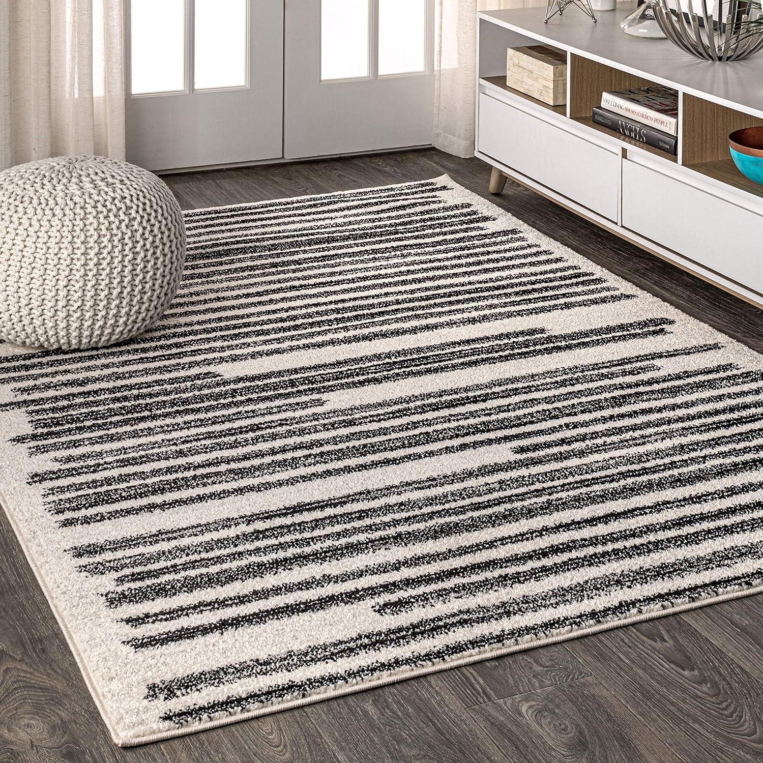 4'x6' Khalil Modern Berber Stripe Area Rug, Cream/Black - JONATHAN Y