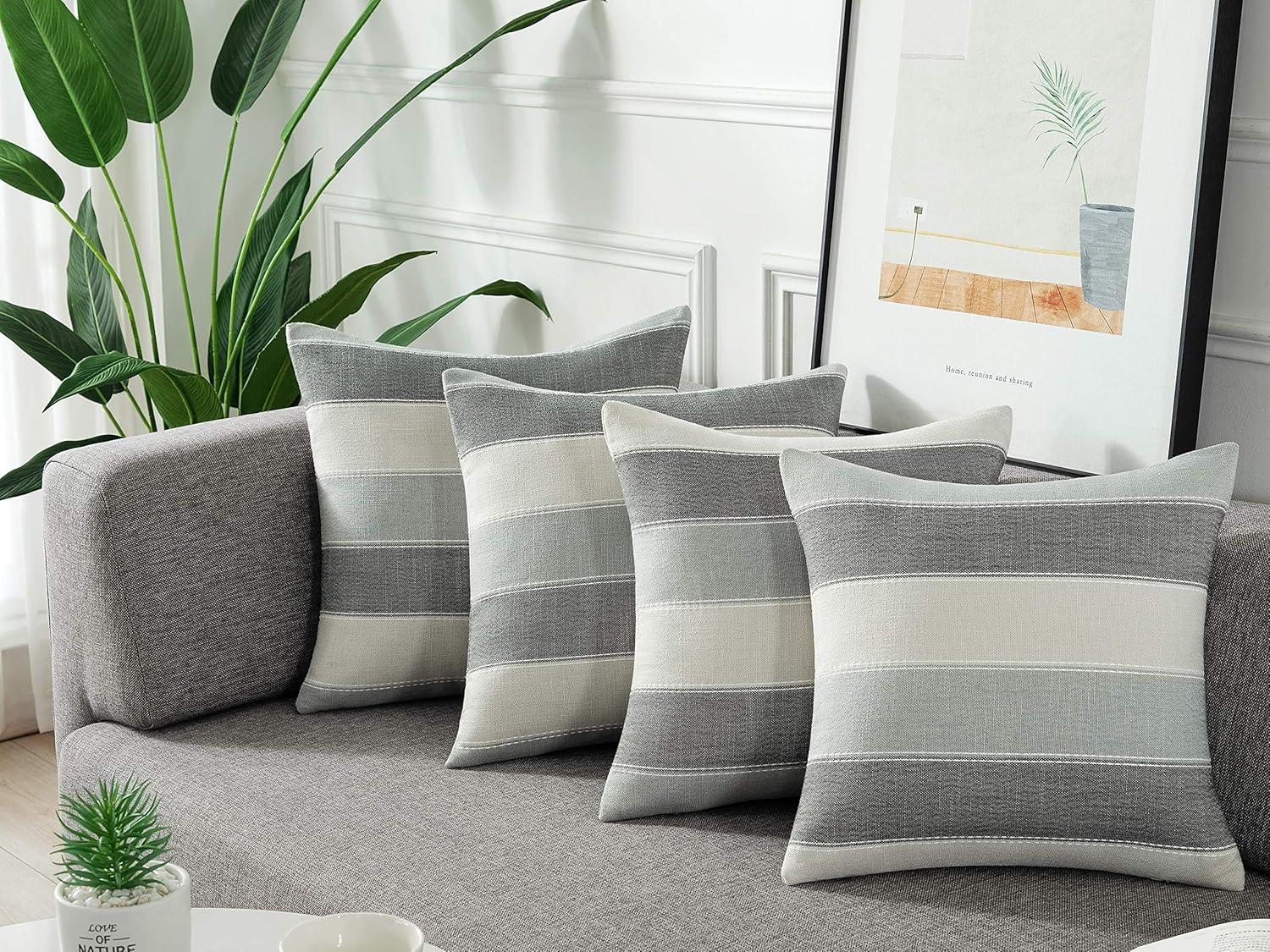 Pack of 2 Farmhouse Stripe Check Throw Pillow Covers Set Case Cotton Linen Decorative Pillowcases Cushion Cover for Couch Bench Sofa 18x18Inch Dark Grey Beige