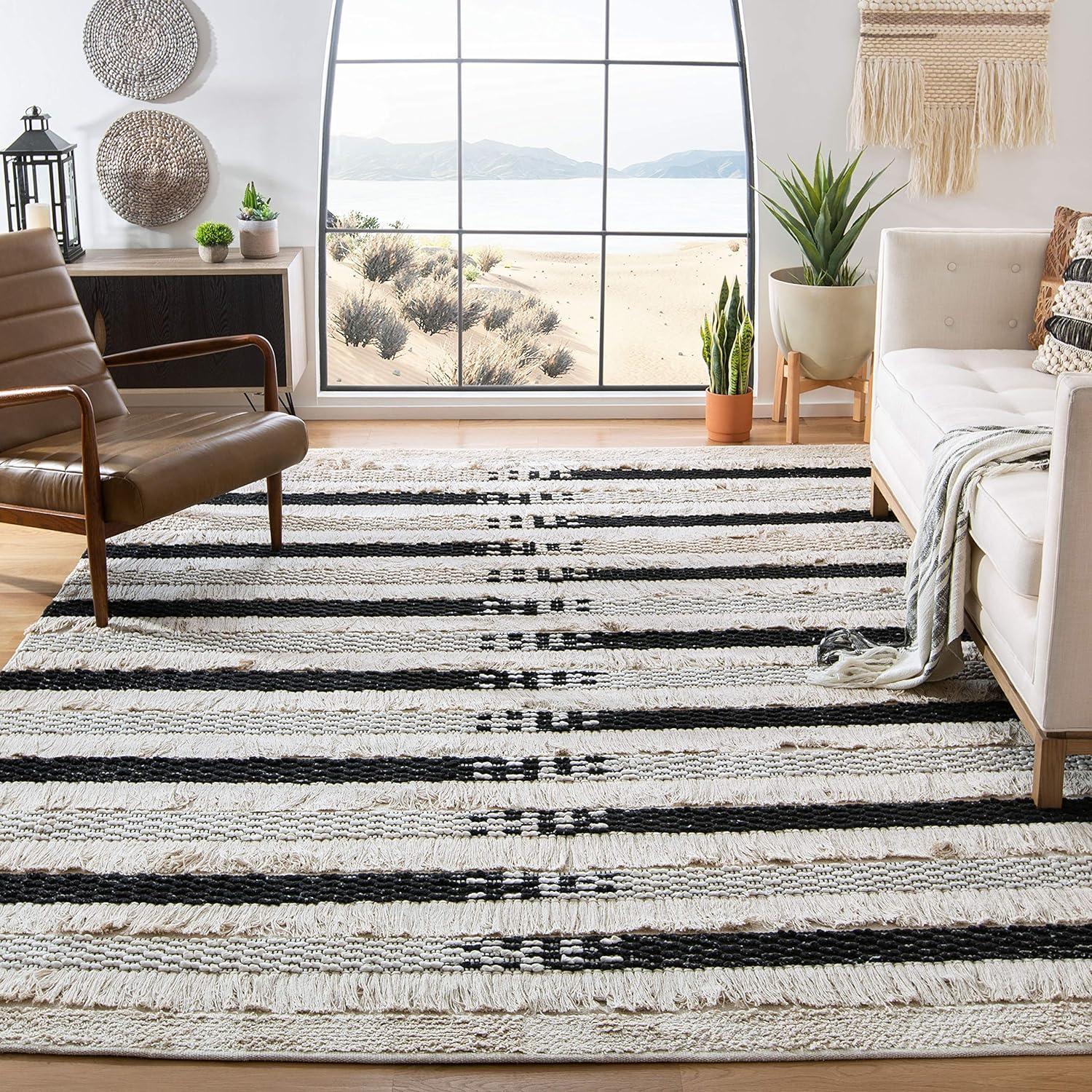 Coastal Chic Black and Ivory Striped 9' x 12' Handwoven Wool-Cotton Rug