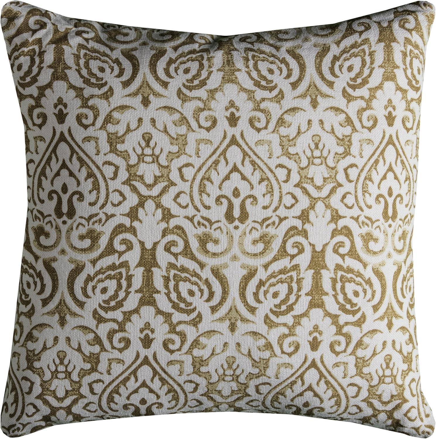 22" Gold and Ivory Damask Cotton Square Throw Pillow