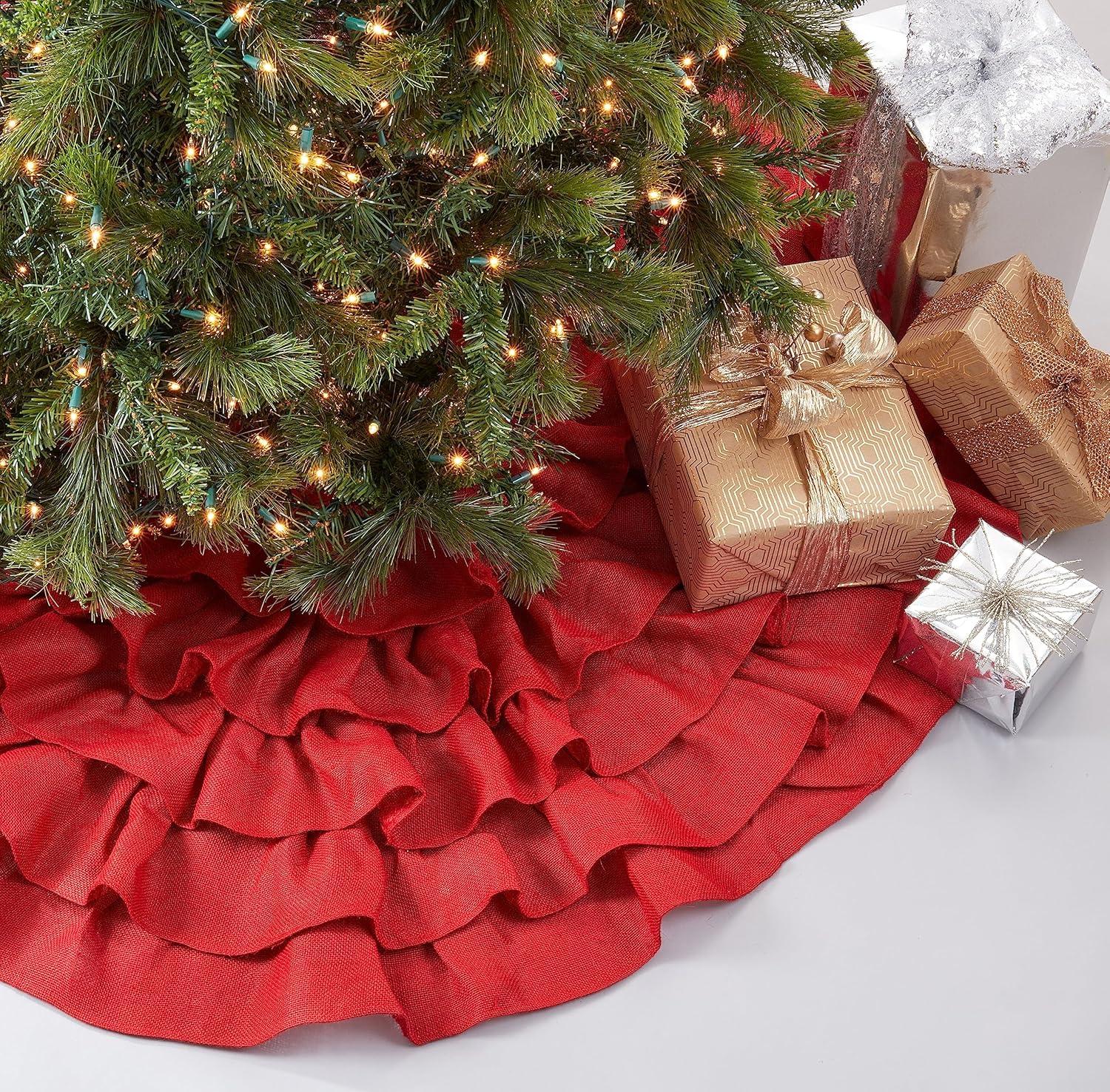 Saro Lifestyle Christmas Tree Skirt With Ruffled Edge, Red, 56" Round