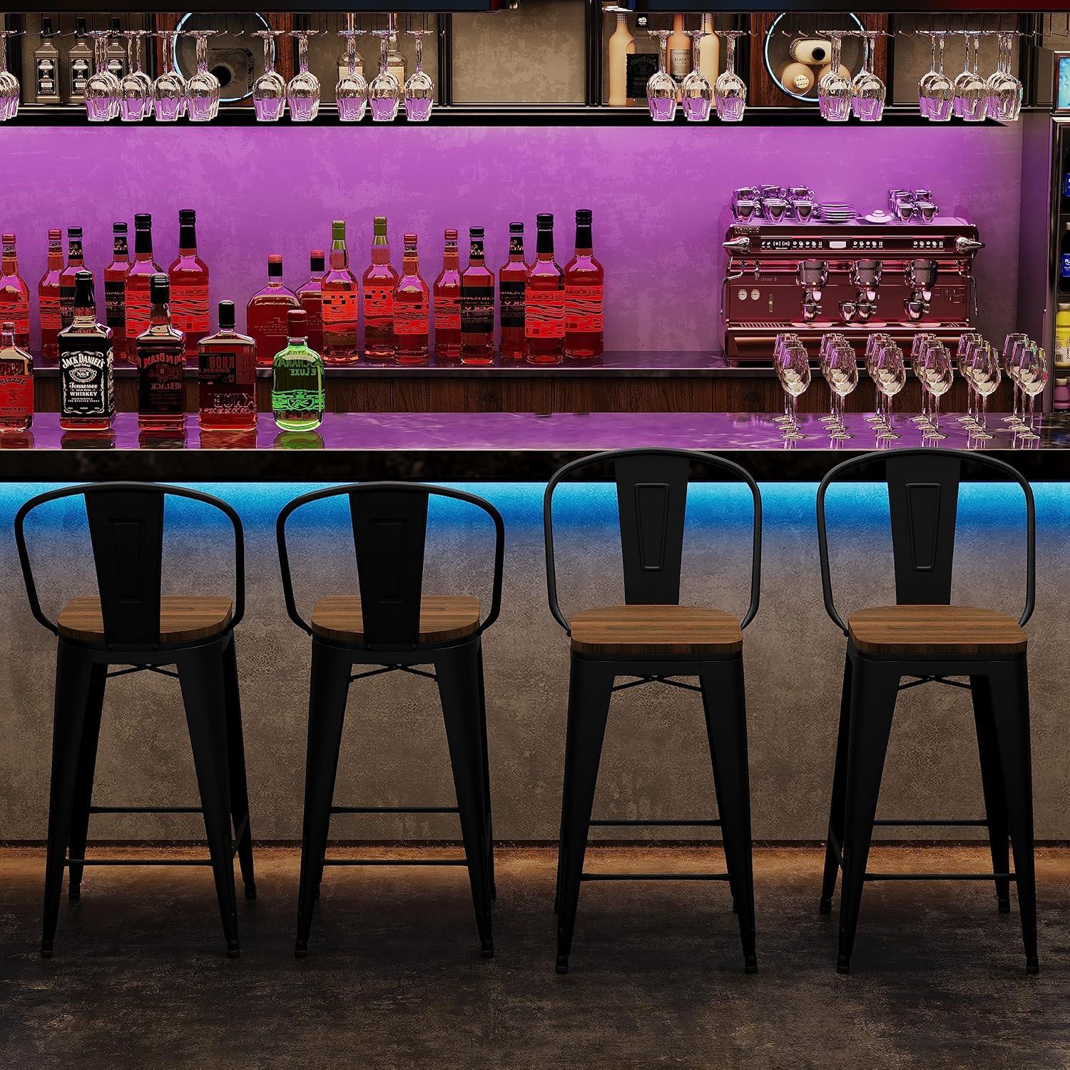 Andeworld  Bar Stools 24 Inches Metal bar stools with backs Set of 4 Black Wood Finish,Black Finish 1-Piece Single