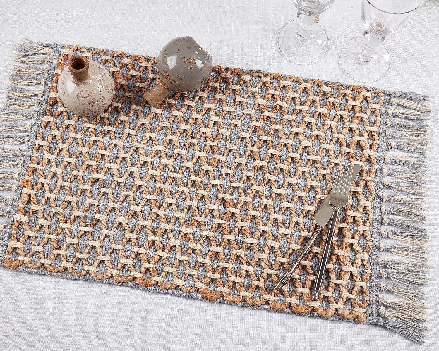 Gray and Natural Jute Cotton Woven Placemats, Set of 4