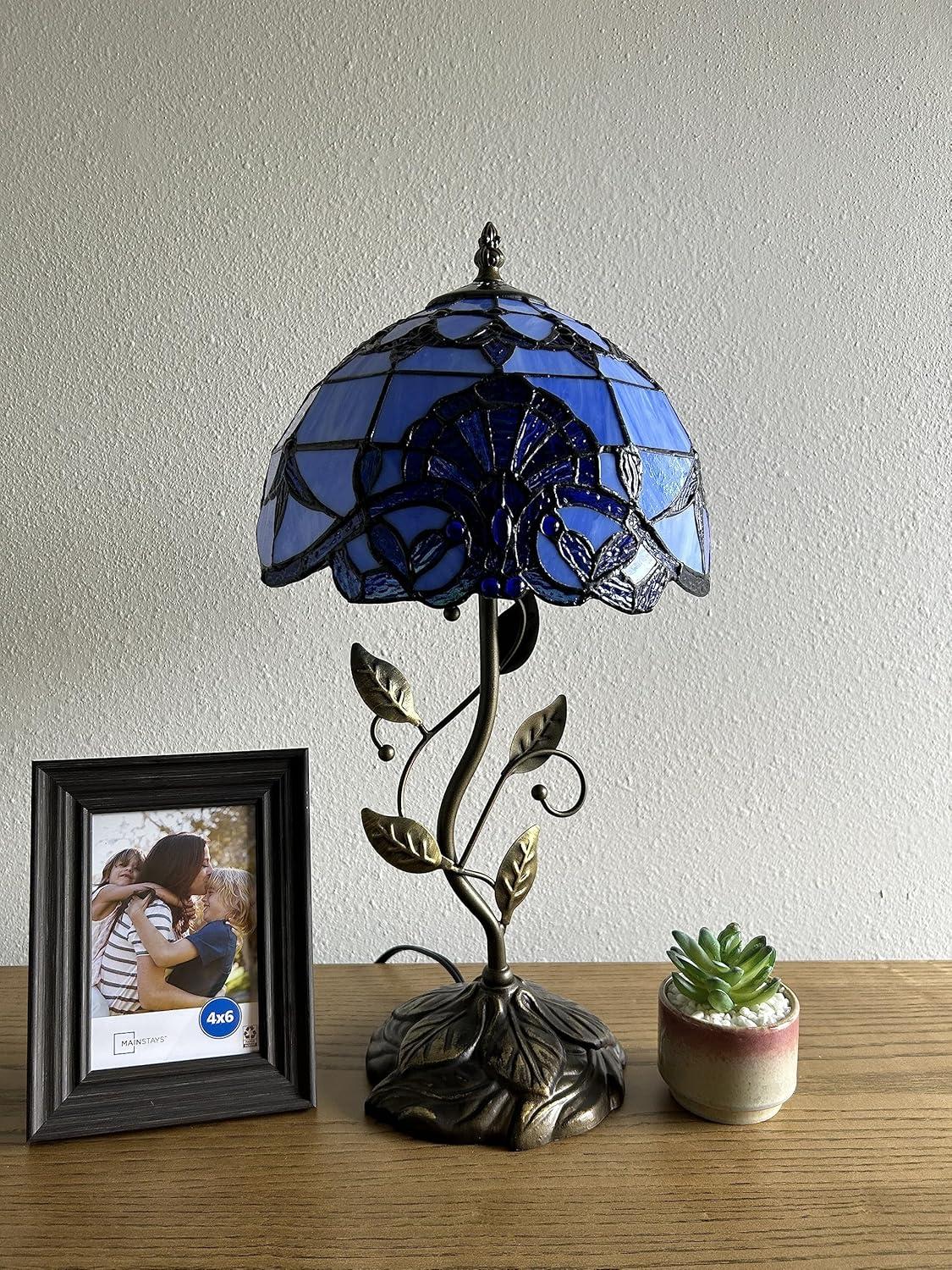 Tiffany Table Lamp Blue Stained Glass Baroque Style Lavender Iron Metal Leaves Bronze Base Included LED Bulb for Living Room Bedroom Bedside 10"W*10"D*20"H