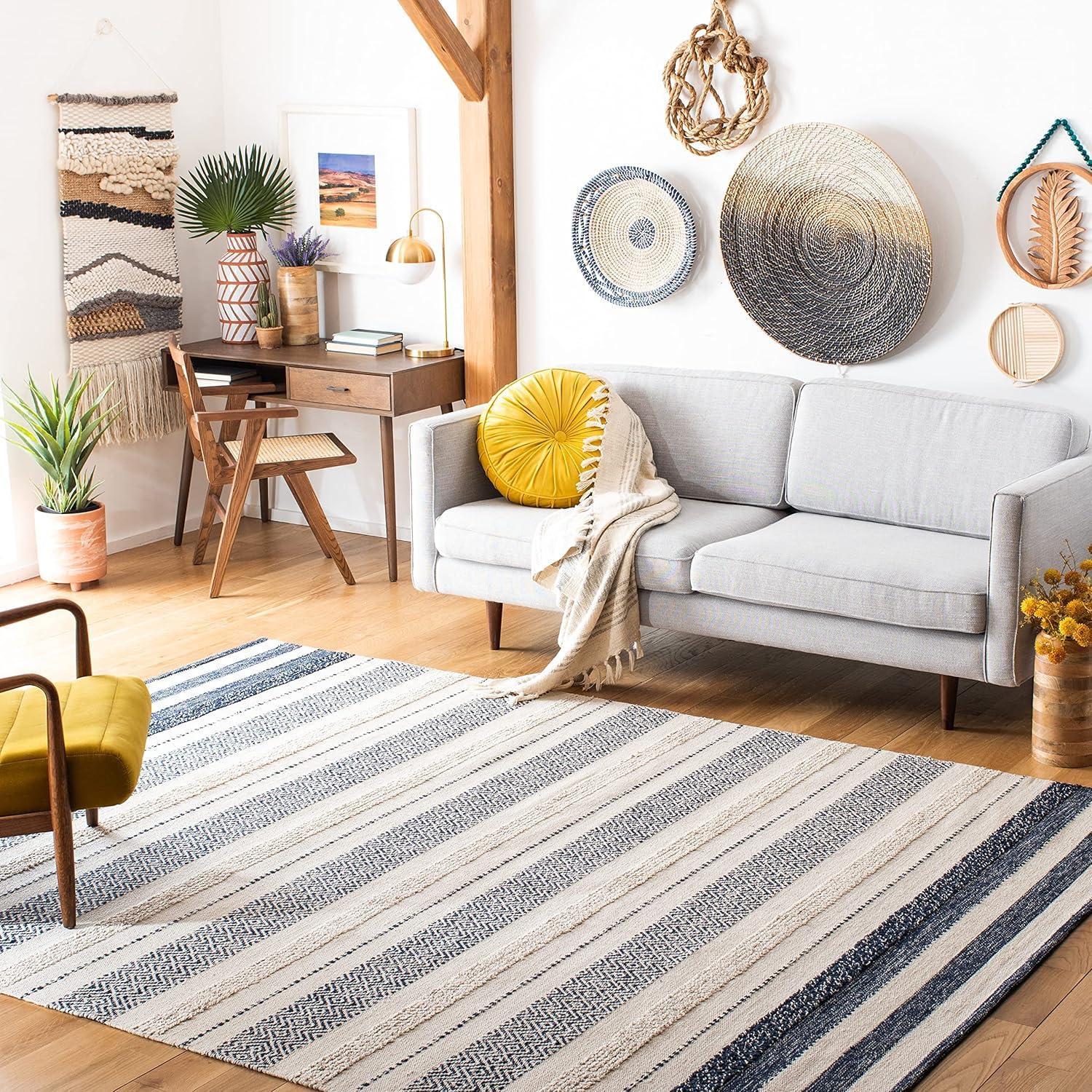 Striped Kilim STK502 Hand Woven Area Rug - Ivory/Navy - 7'x7' - Safavieh.