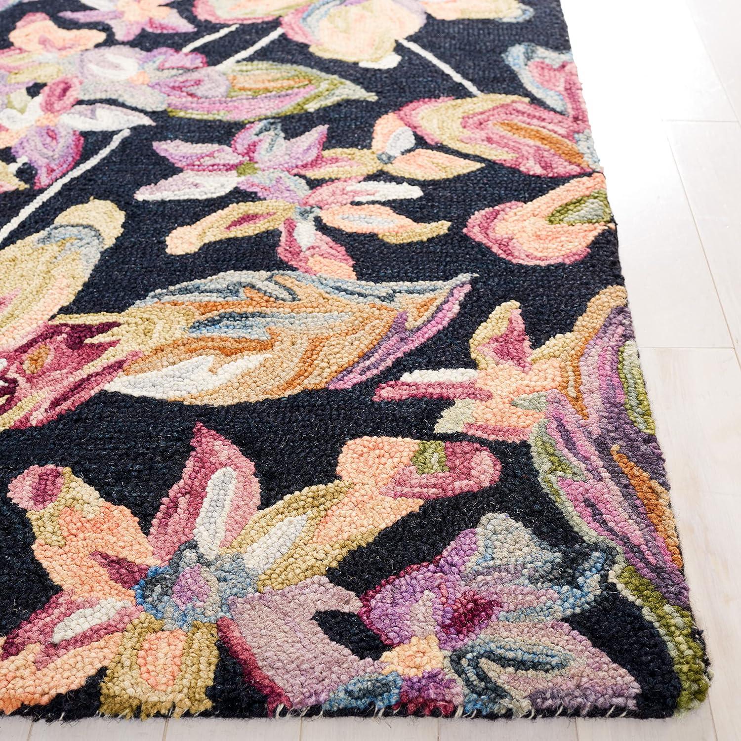 Handmade Black and Plum Floral Wool Area Rug, 3' x 5'