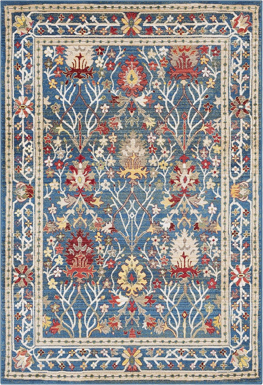 BoutiqueRugs Branford Traditional Floral Bordered Area Rug - Oriental Damask Patterned Carpet for Living Room, Bedroom, Dining Room - Navy, Blue, Green, Red, White - 5'1" x 7'5" (5x7 Area Rug)