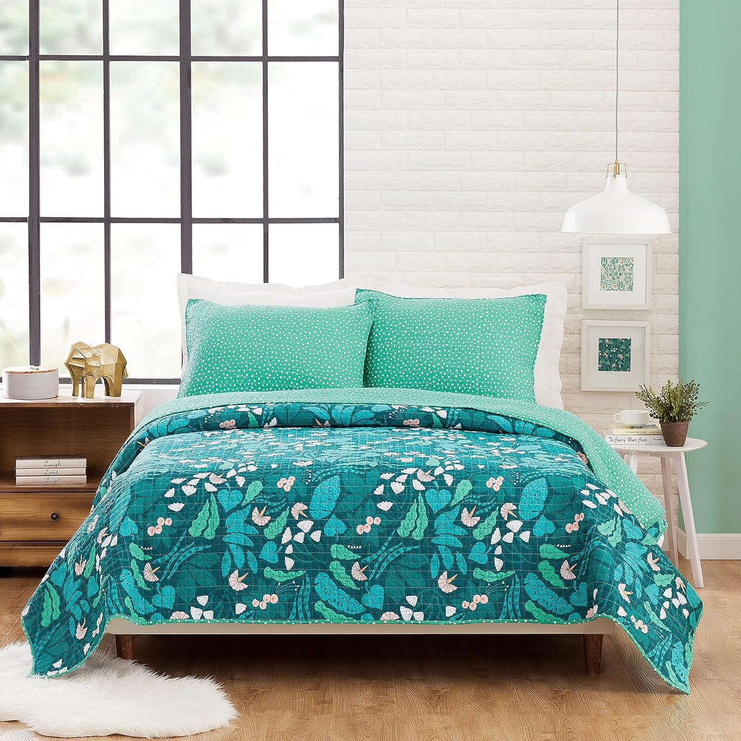 3pc Full/Queen Jungle Floral Quilt Set Green - Elizabeth Olwen for Makers Collective: Cotton Bedding Set with Shams