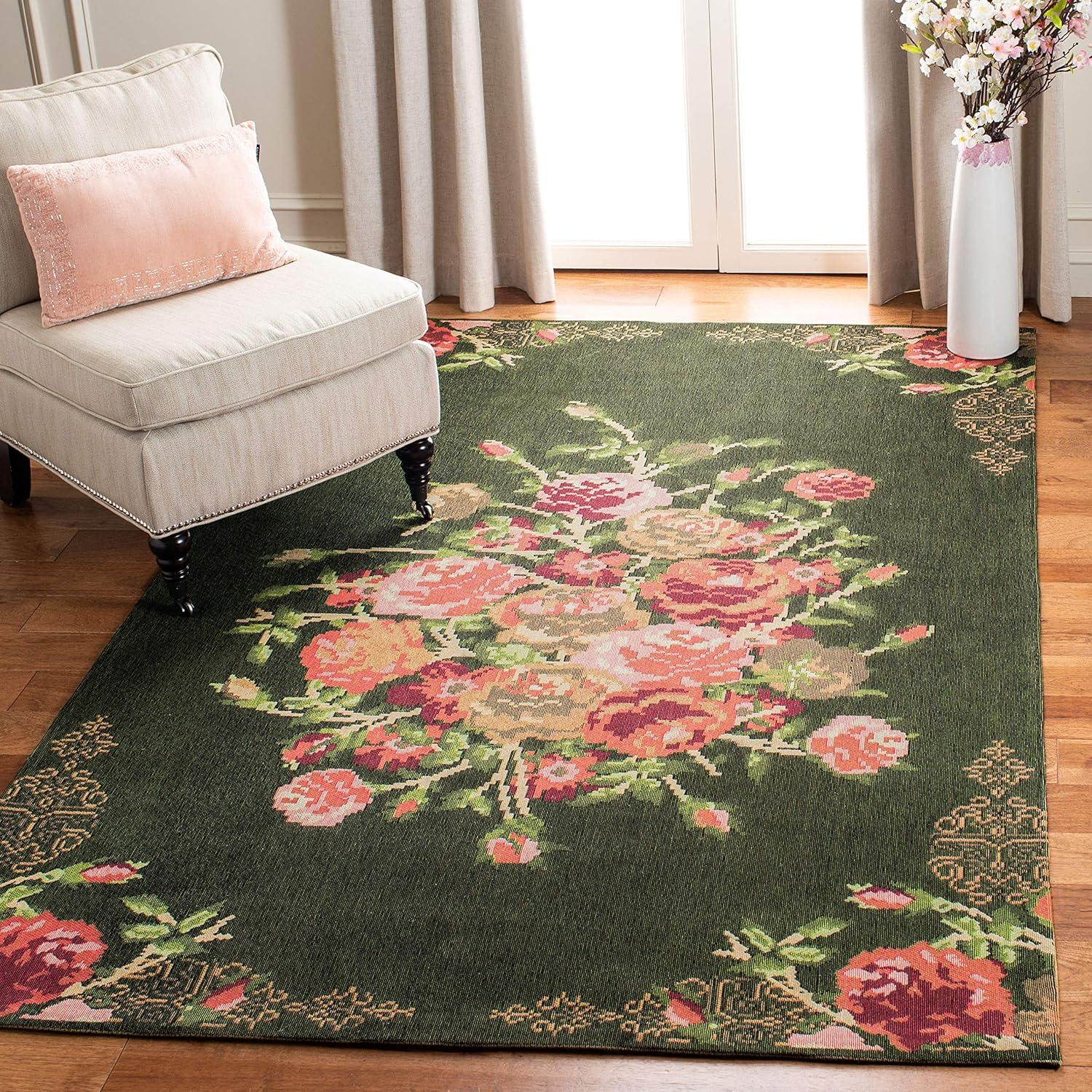 Classic Vintage Black and Red Floral Cotton Area Rug 4' x 6'