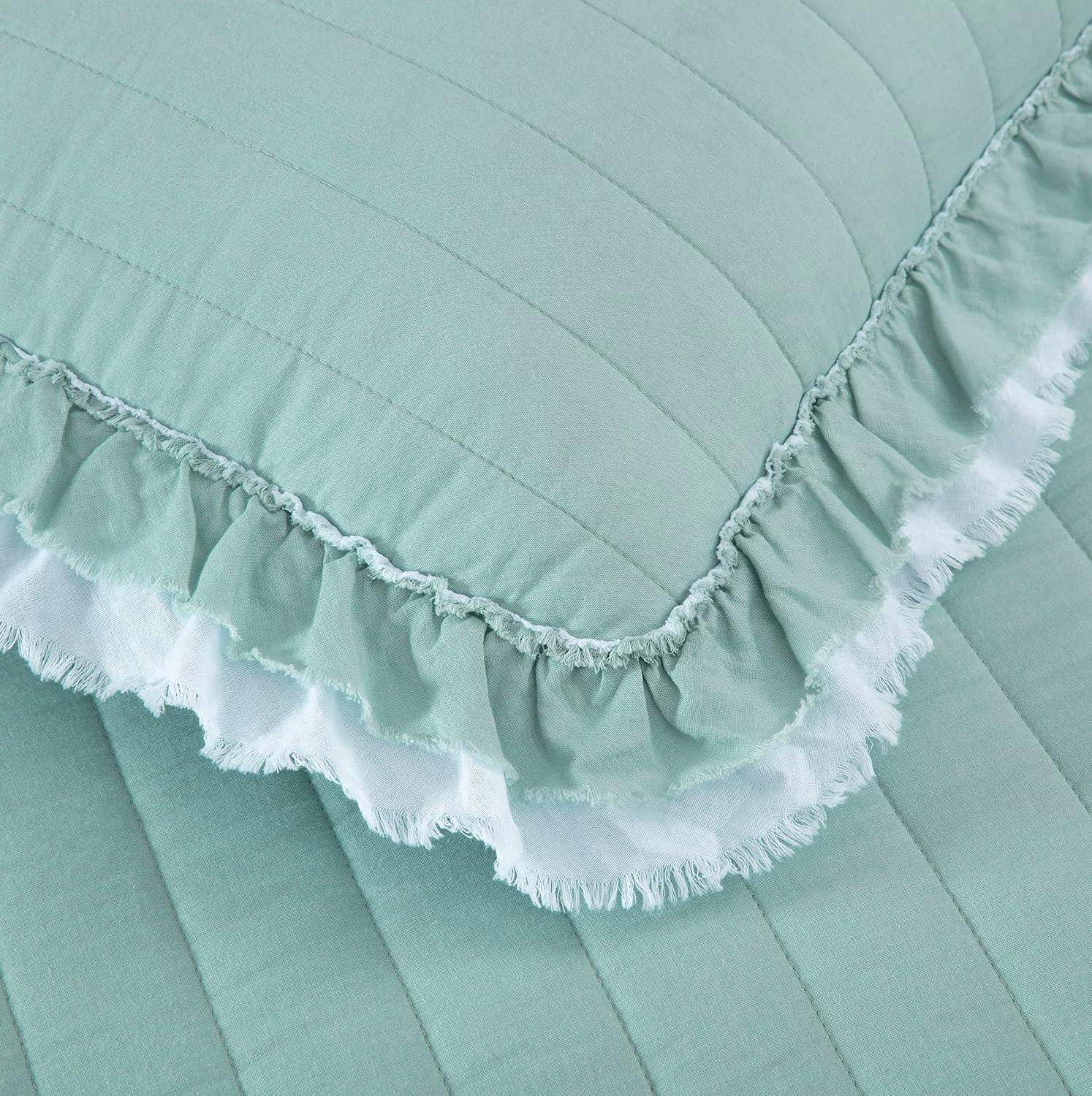 Chezmoi Collection Bonnie 3-Piece 100% Cotton Quilt Set King Size, Aqua - Double Frayed Ruffled Edge Lightweight Pre-Washed Soft-Finished Cotton Bedspread for All Season