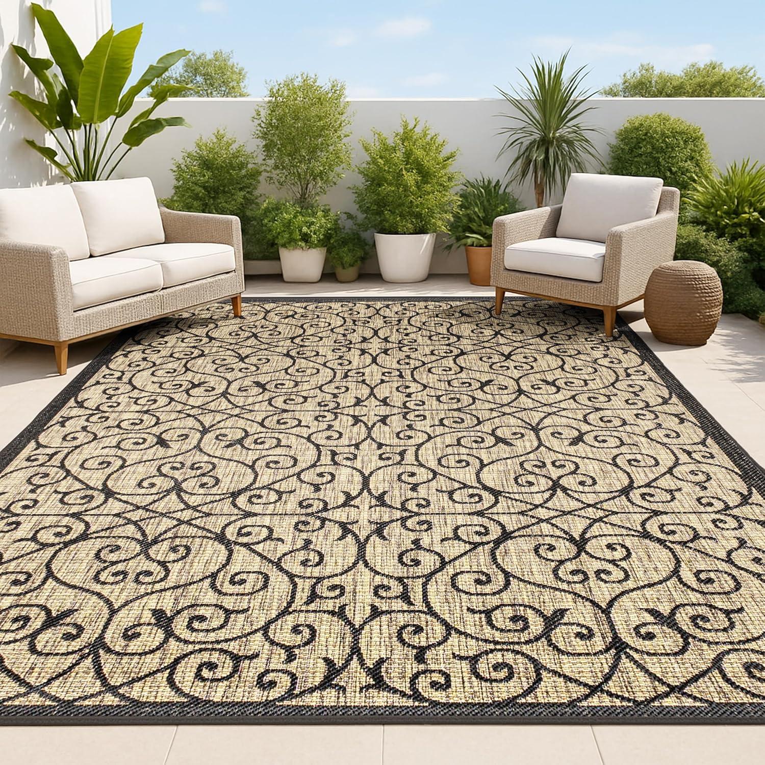 4'x6' Madrid Vintage Filigree Textured Weave Indoor/Outdoor Area Rug, Black/Khaki - JONATHAN Y