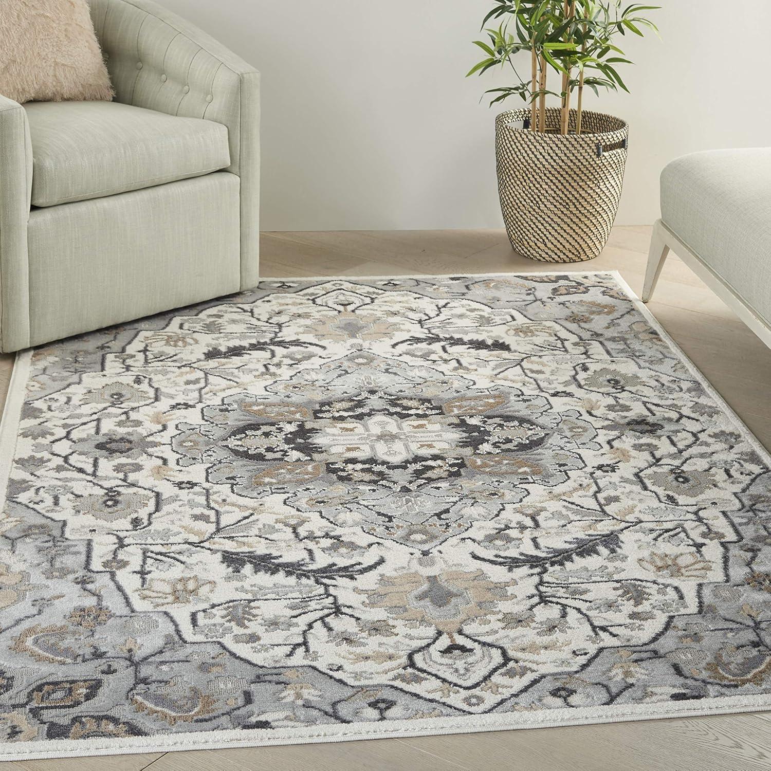 Ivory Grey Floral Medallion 6' x 9' Synthetic Area Rug