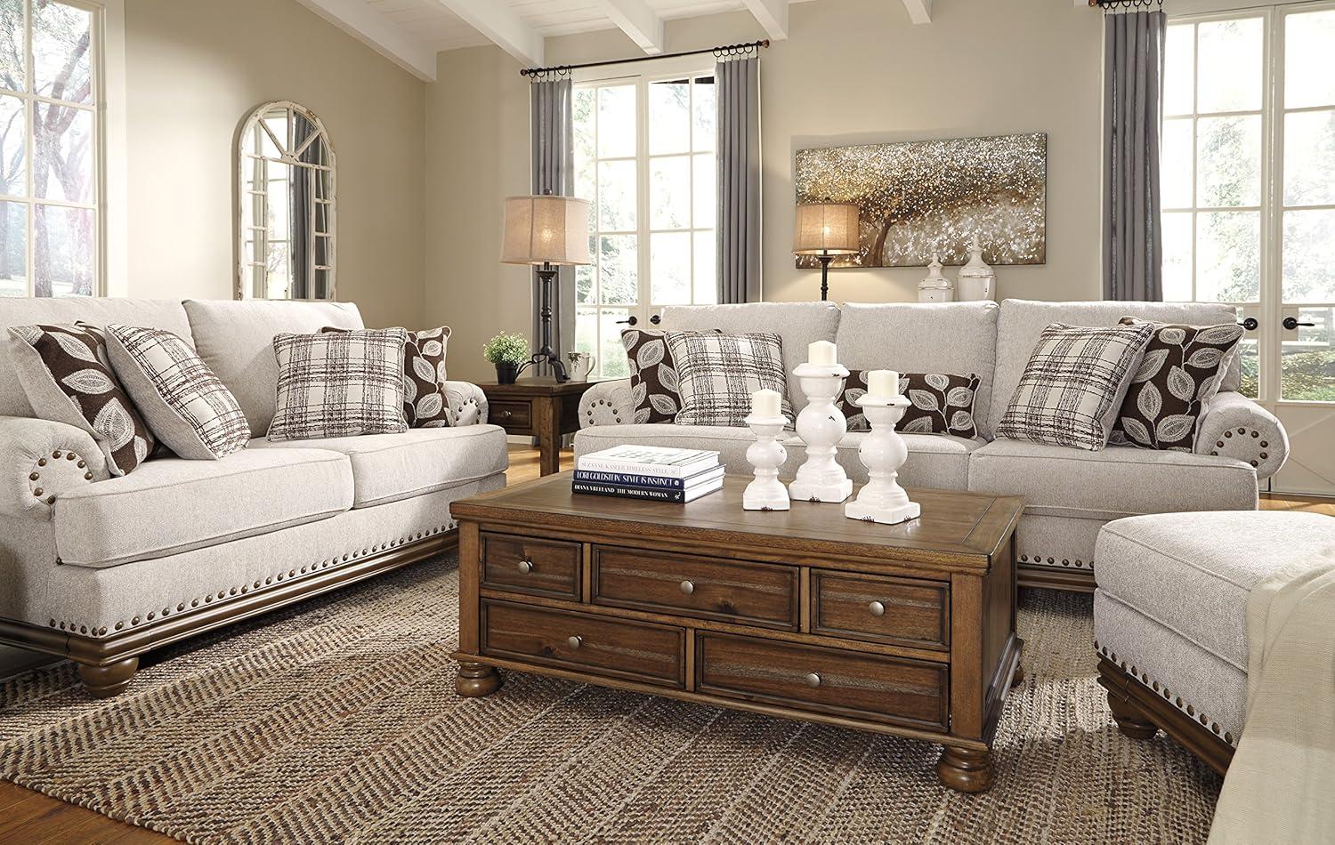 Beige Linen Herringbone Loveseat with Nailhead Trim and Pillows